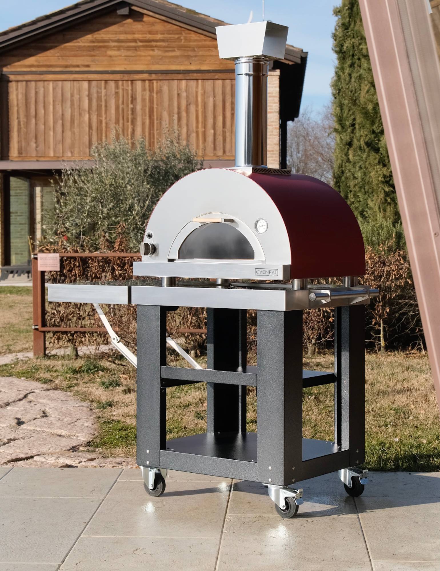 Four pizza gaz LUX 2 - Rouge + Pelle à Pizzas + Chariot + Tablette latérale - OVENEAT - Image 1