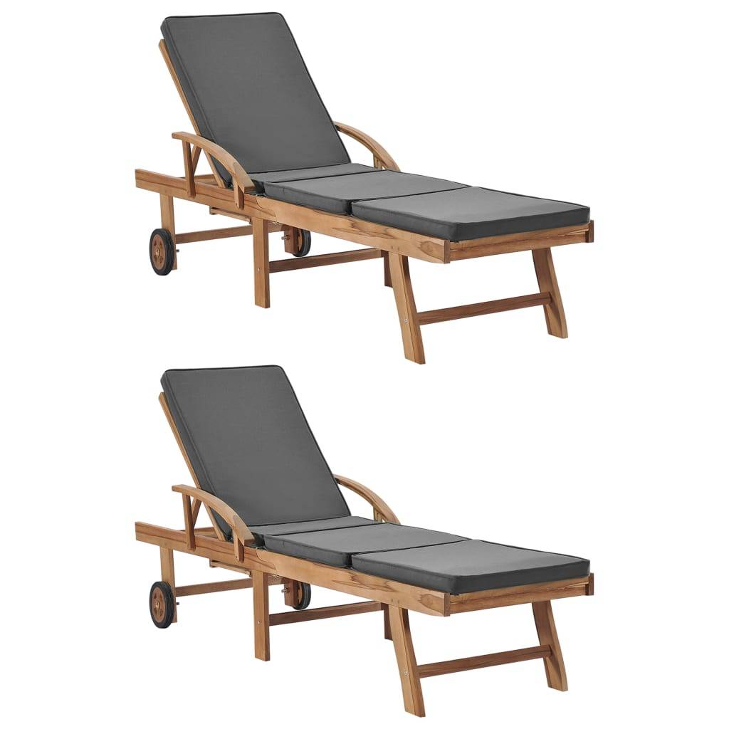 Helloshop26 - Lot de deux chaises longues 195 cm et coussins bois de teck solide gris foncé - Image 1