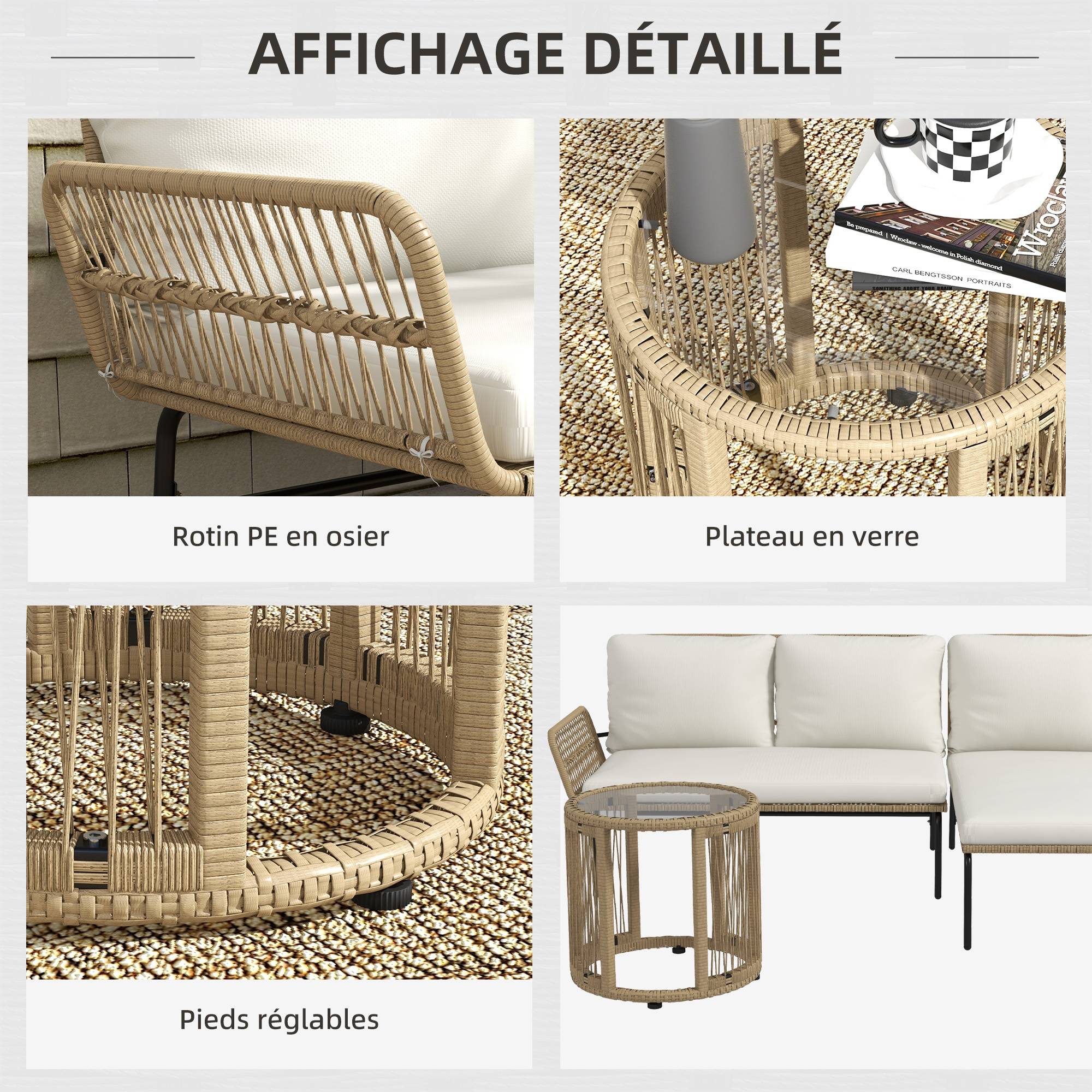 Salon de jardin extérieur d'angle 3 places en résine tressée avec canapés, chaise longue, table basse et coussins, crème - Image 8