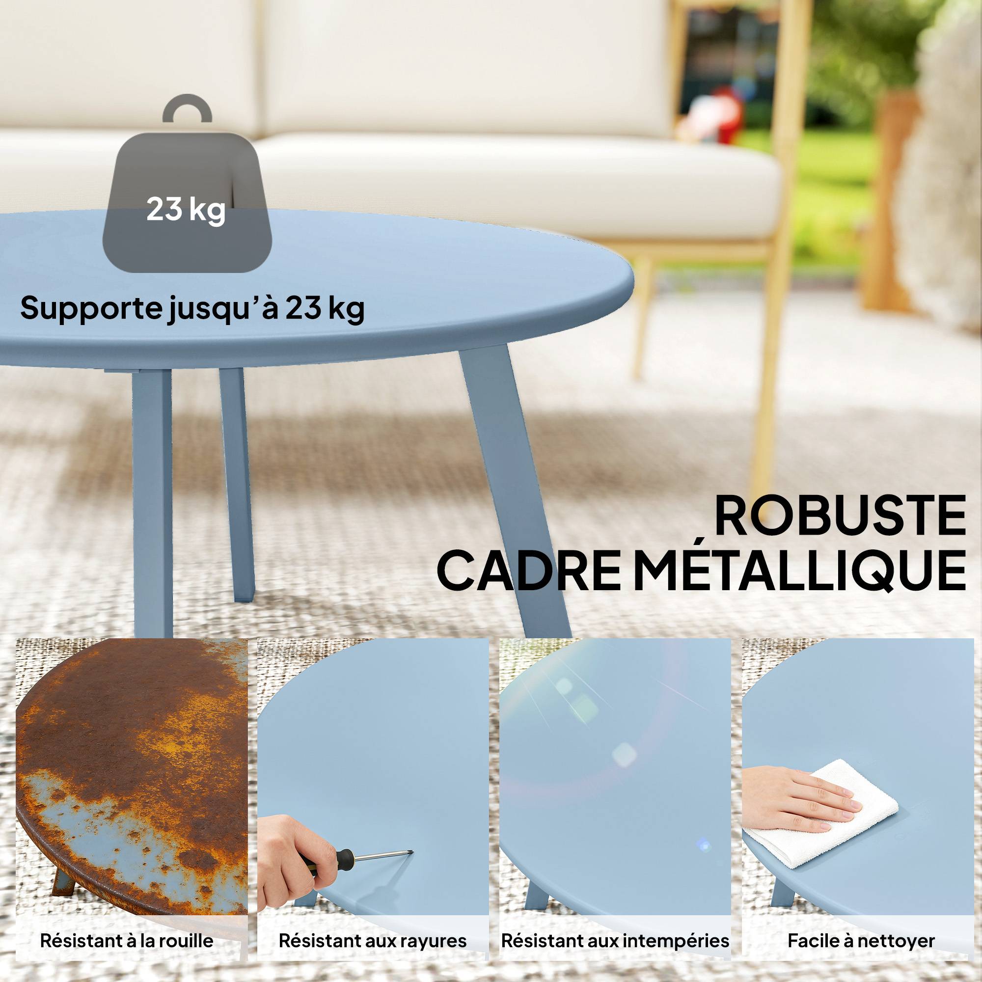 Petite table basse ronde, table d'appoint avec patins antidérapants, cadre en métal, pour jardin, Ø 70 x 42 cm, bleu - Image 7