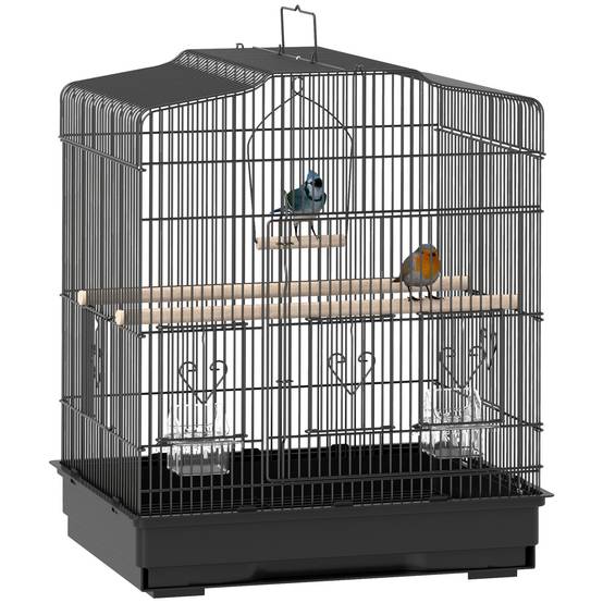 Cage à oiseaux 46,5x36x59 cm avec 2 mangeoires, 2 perchoirs, balançoire, plateau extractible et cadre acier noir - Image 1