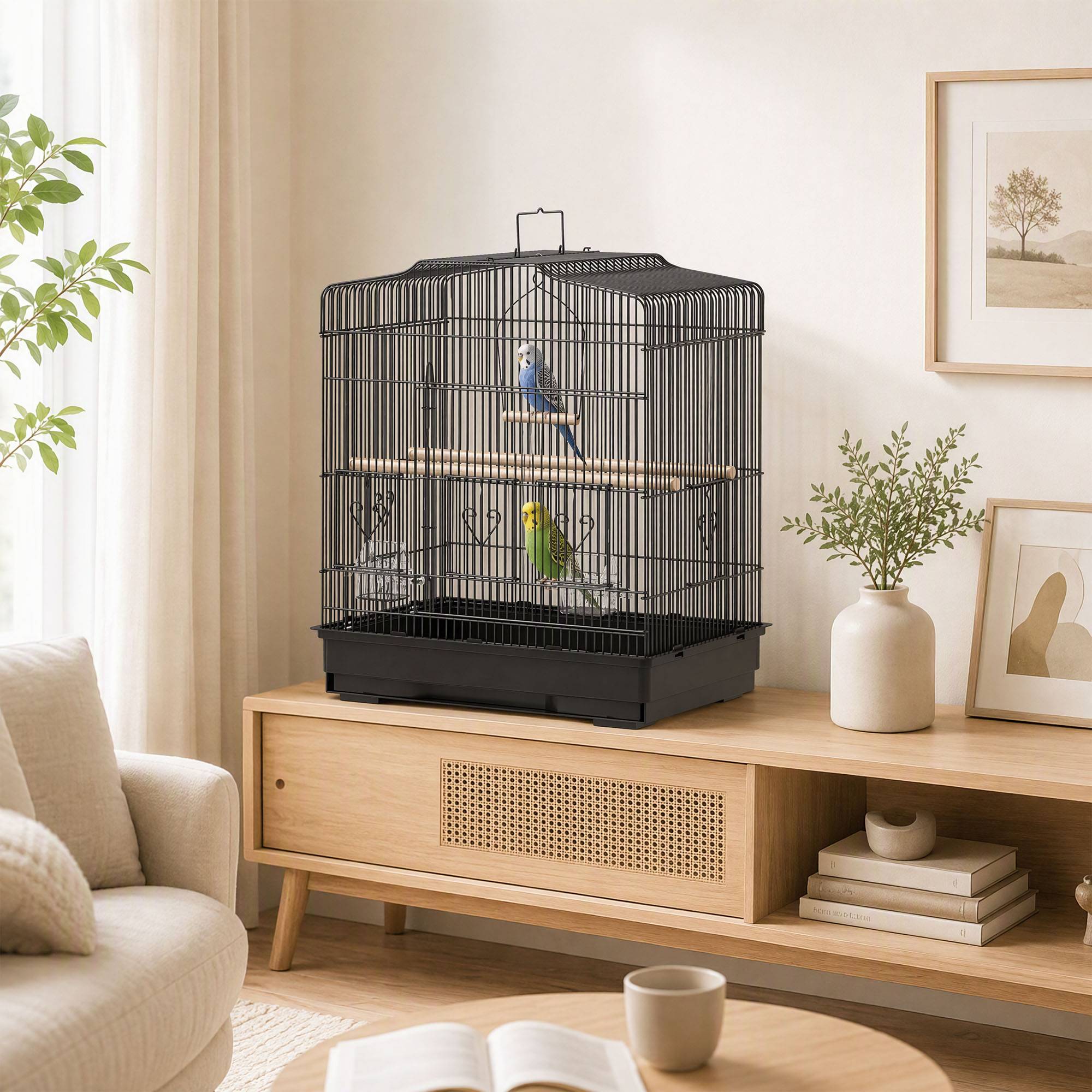 Cage à oiseaux 46,5x36x59 cm avec 2 mangeoires, 2 perchoirs, balançoire, plateau extractible et cadre acier noir - Image 10