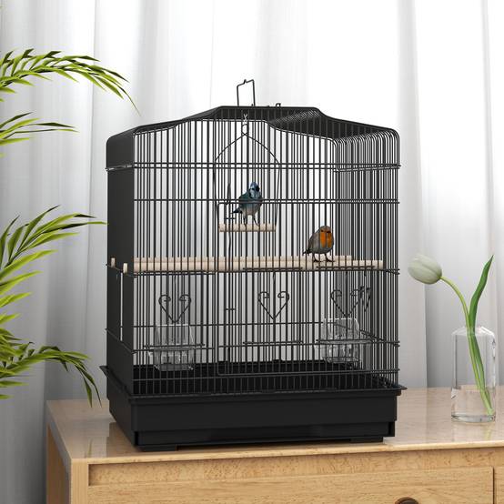Cage à oiseaux 46,5x36x59 cm avec 2 mangeoires, 2 perchoirs, balançoire, plateau extractible et cadre acier noir - Image 4