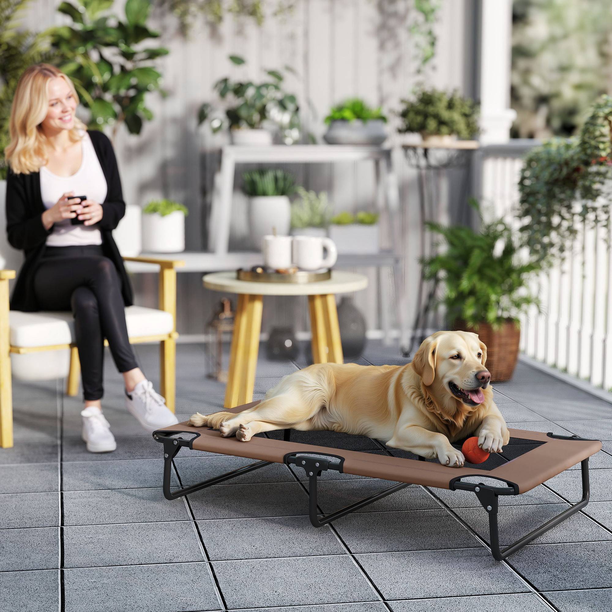 ComfortXL - Lit surélevé pour chien acier et polyester marron 107 x 61 x 20 cm pliable intérieur extérieur maille respirante - Image 1