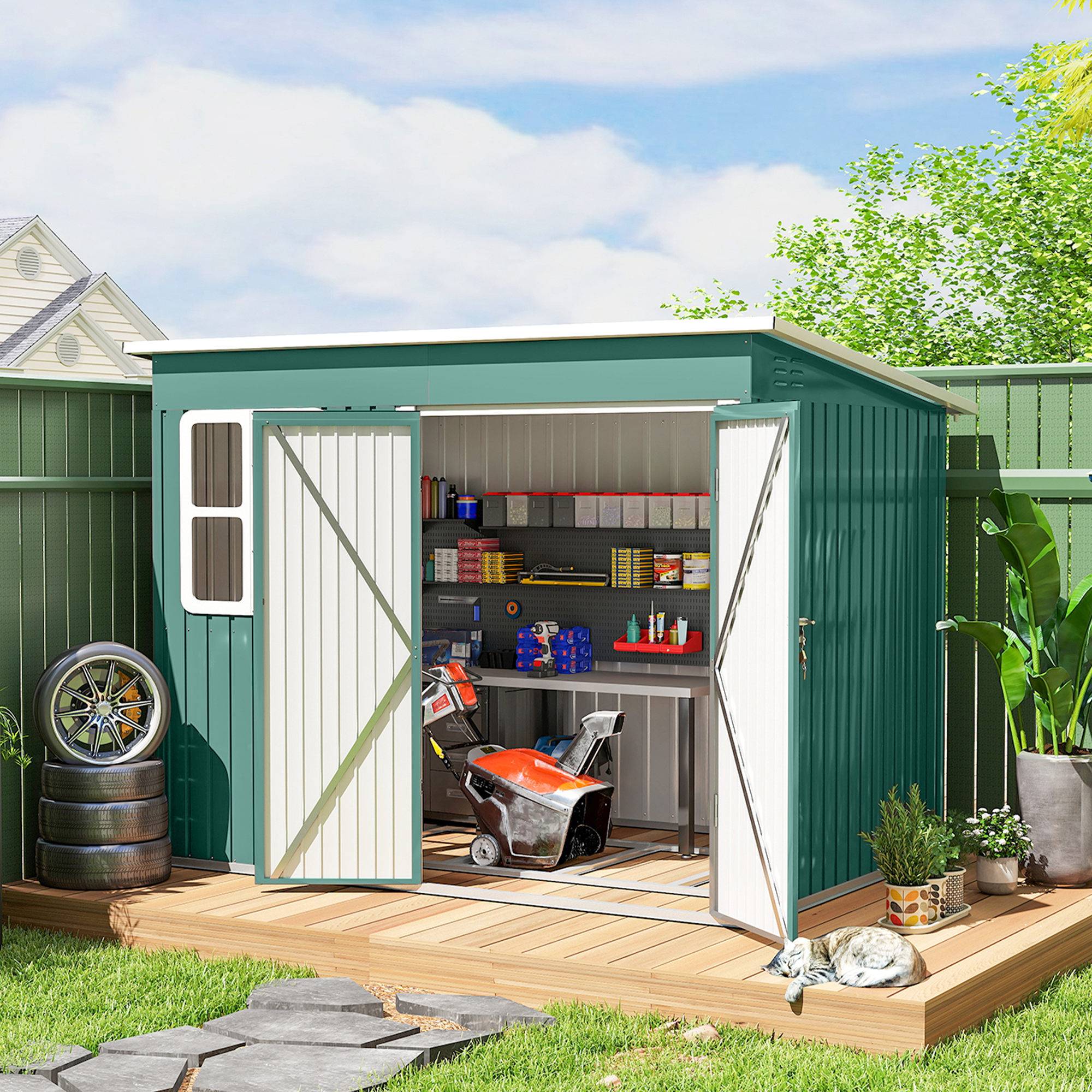Abri de jardin métal 260x177x190 cm avec fenêtre large porte, cabanon outils vert sécurisé extérieur jardin - Image 4