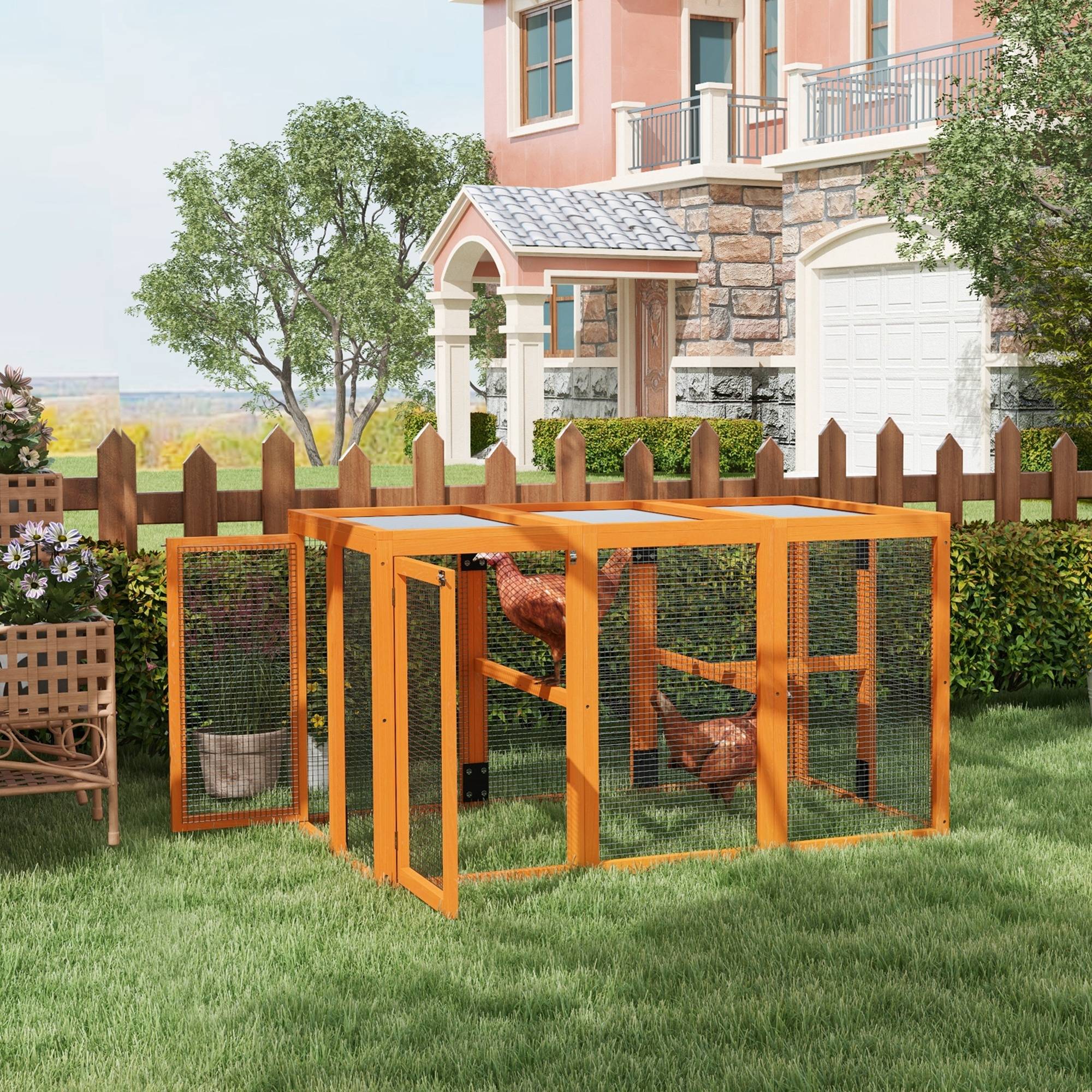 Sans Marque - Poulailler pour 1 à 3 poules, structure en bois et grillage d'acier, extensible, perchoirs en bois, orange - Image 3