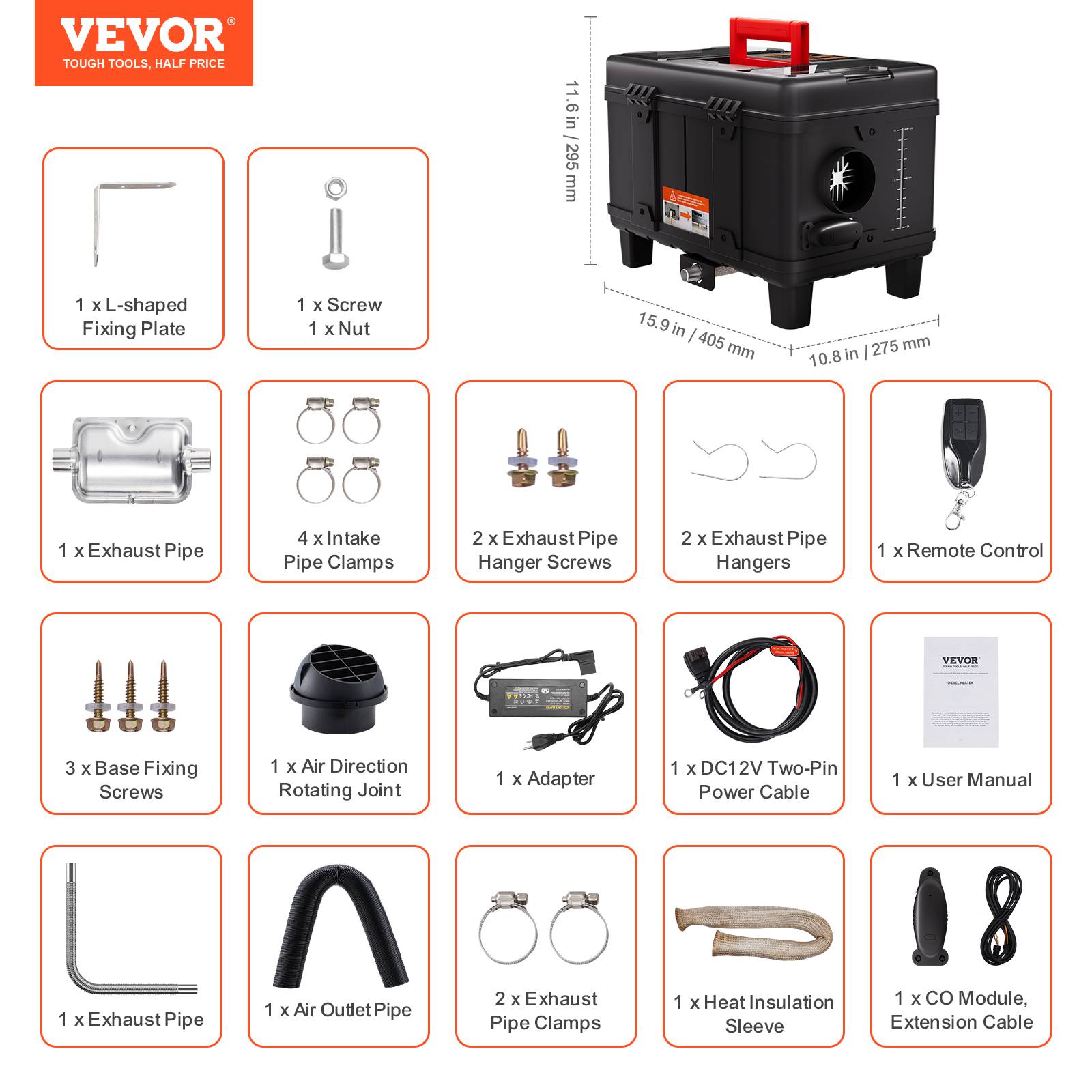 Vevor - VEVOR Chauffage diesel 8kW tout-en-un 12/24V, Bluetooth, télécom., écran, alarme CO - Image 7