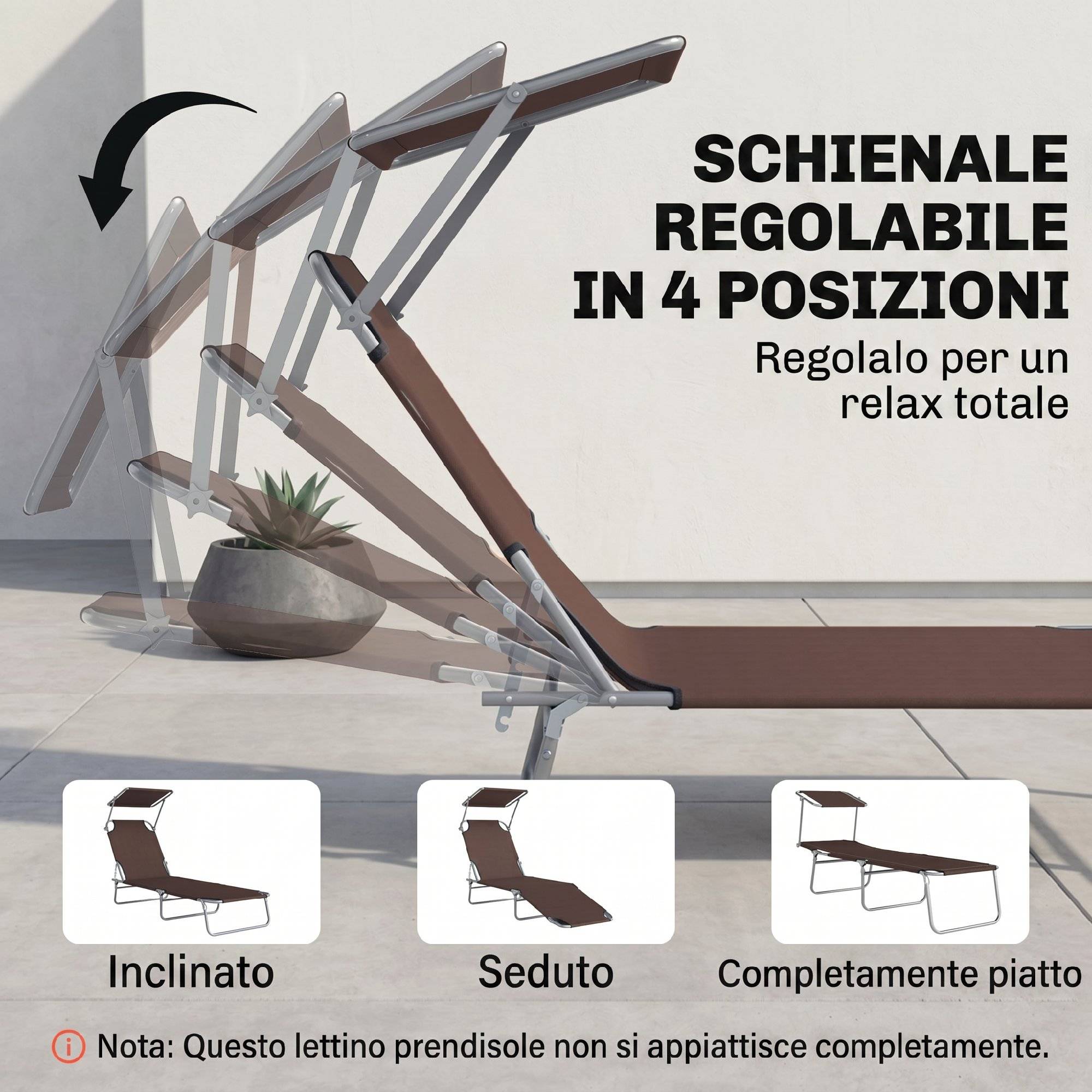 Sans Marque - Transat de jardin pliable et réglable avec auvent en tissu marron, 187 x 58 x 50 cm - Image 7