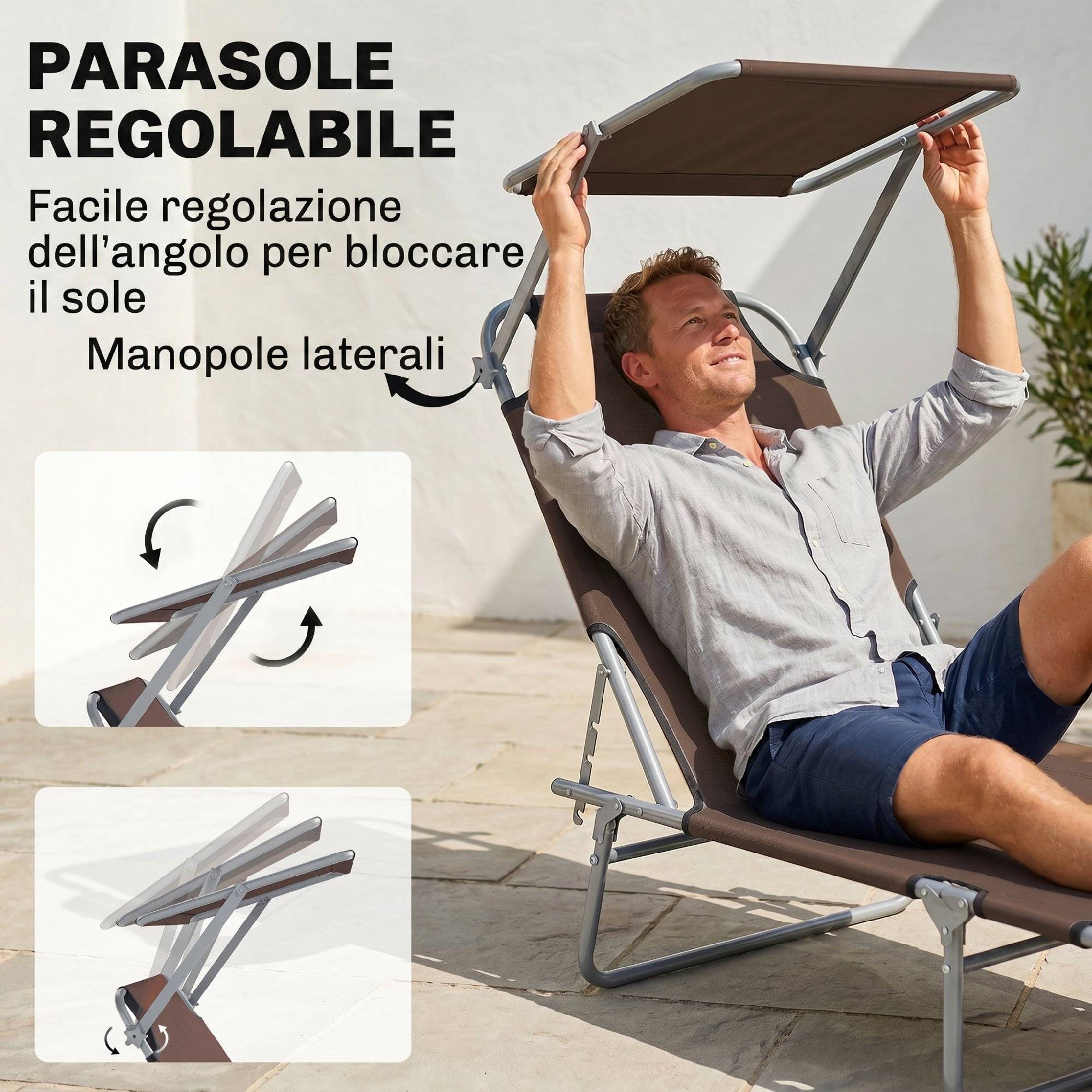 Sans Marque - Transat de jardin pliable et réglable avec auvent en tissu marron, 187 x 58 x 50 cm - Image 6