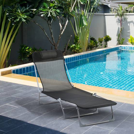 Bain de soleil transat chaise longue inclinable pliable avec oreiller dossier réglable sur 5 niveaux noir - Image 4