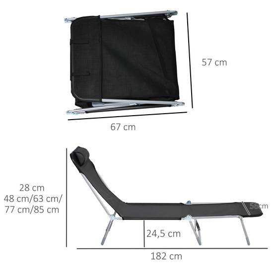 Bain de soleil transat chaise longue inclinable pliable avec oreiller dossier réglable sur 5 niveaux noir - Image 5