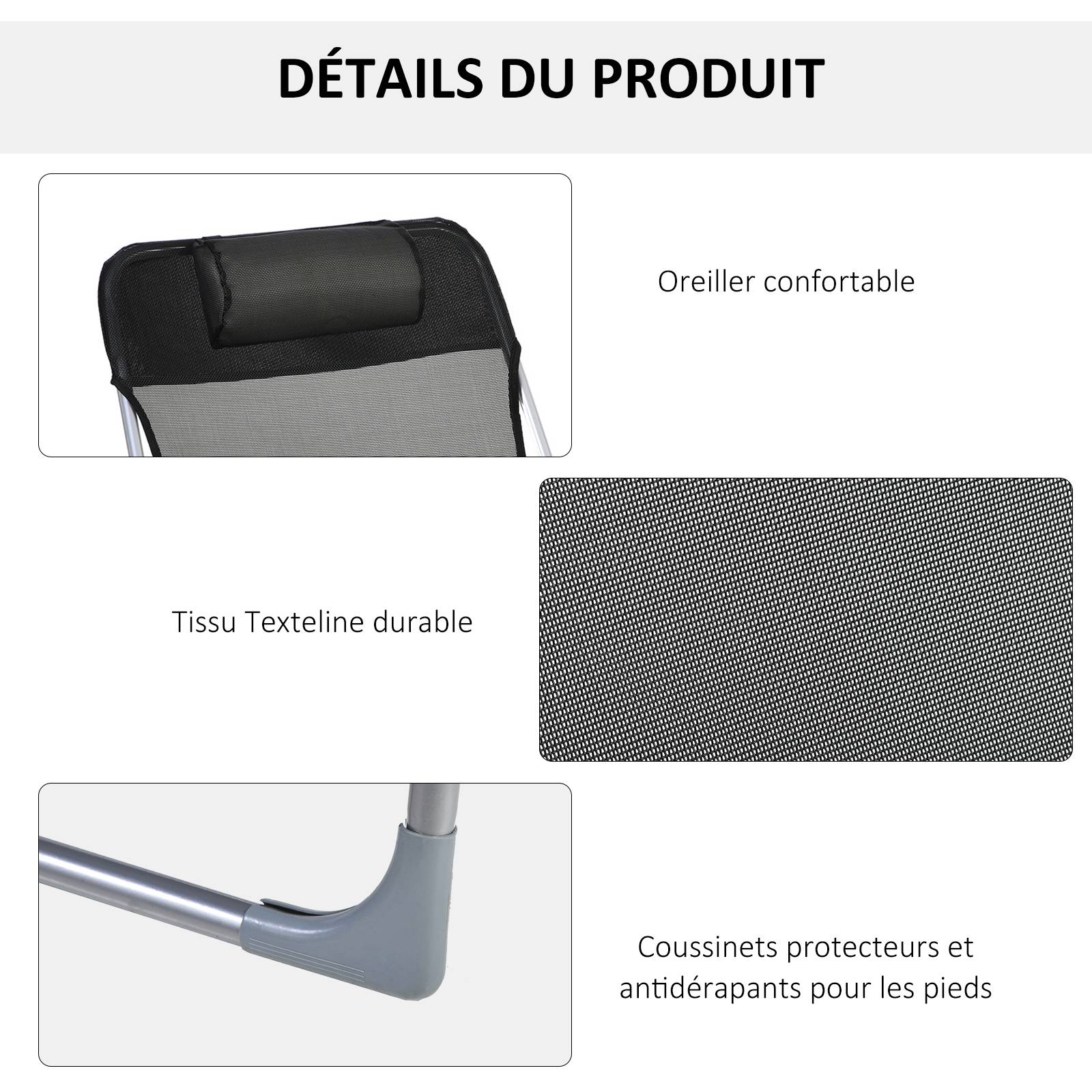 Bain de soleil transat chaise longue inclinable pliable avec oreiller dossier réglable sur 5 niveaux noir - Image 7