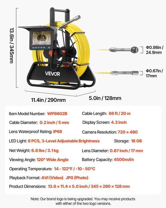 Vevor - VEVOR Caméra Inspection Canalisation Endoscopique 20 m Écran 11 cm IP68 6 LED - Image 7