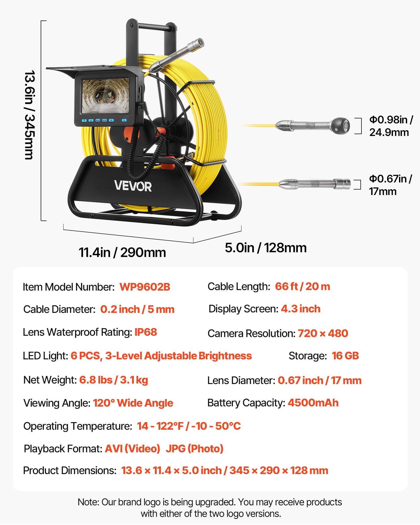 Vevor - VEVOR Caméra Inspection Canalisation Endoscopique 20 m Écran 11 cm IP68 6 LED - Image 7
