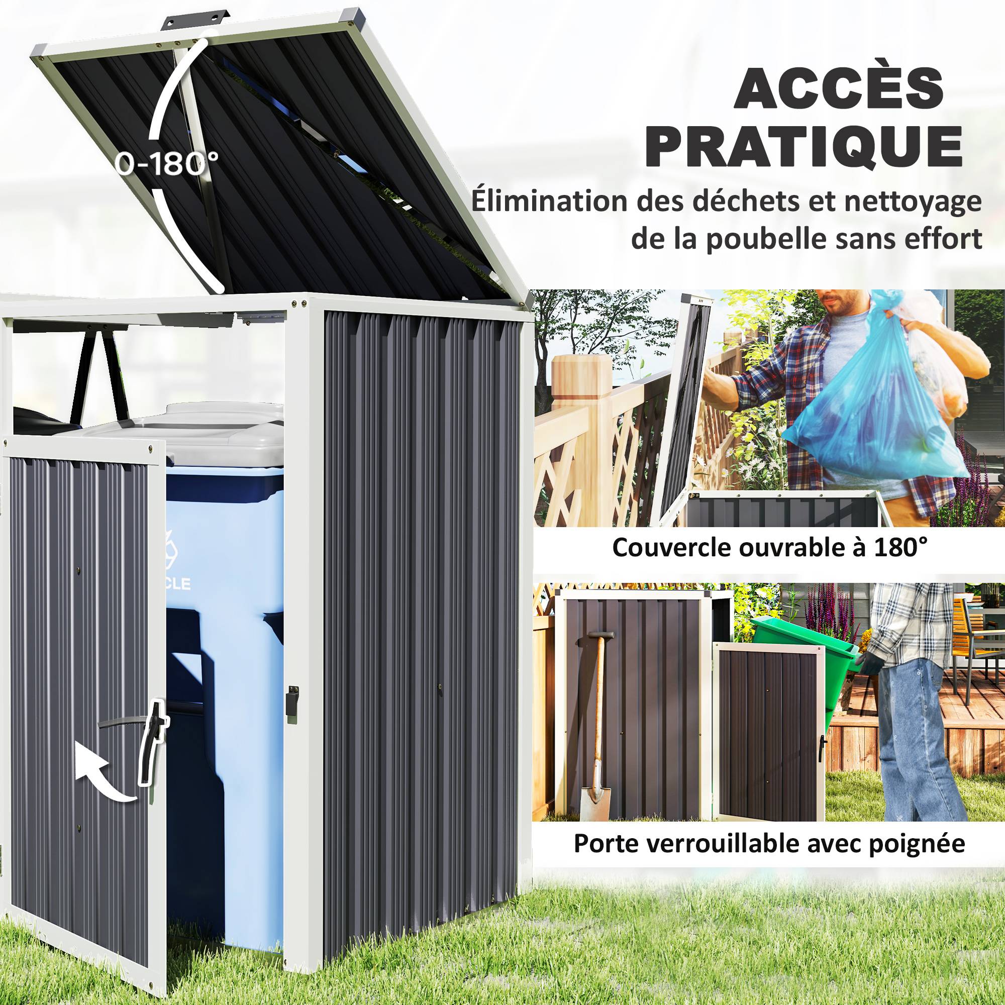 Abri pour 2 poubelles 240L cache poubelle extérieur couvercle relevable 180° acier galvanisé 146x81x122cm gris foncé - Image 7
