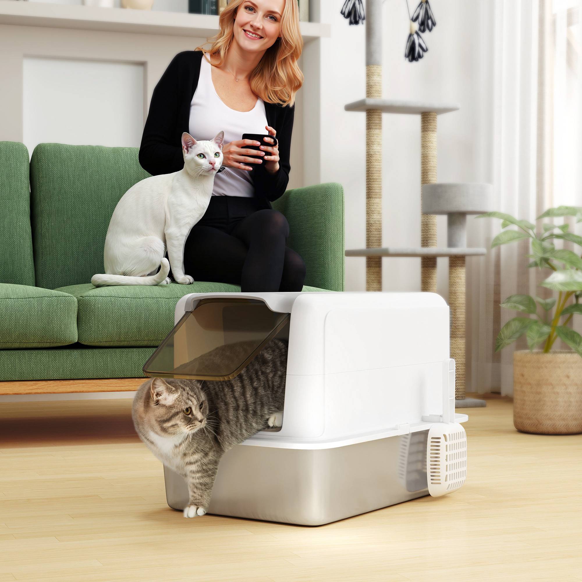Sans Marque - Litière bac inox, filtre, pelle, pour chat -6kg, 40,5x60,5x41,5cm, Blanc/Argent - Image 4
