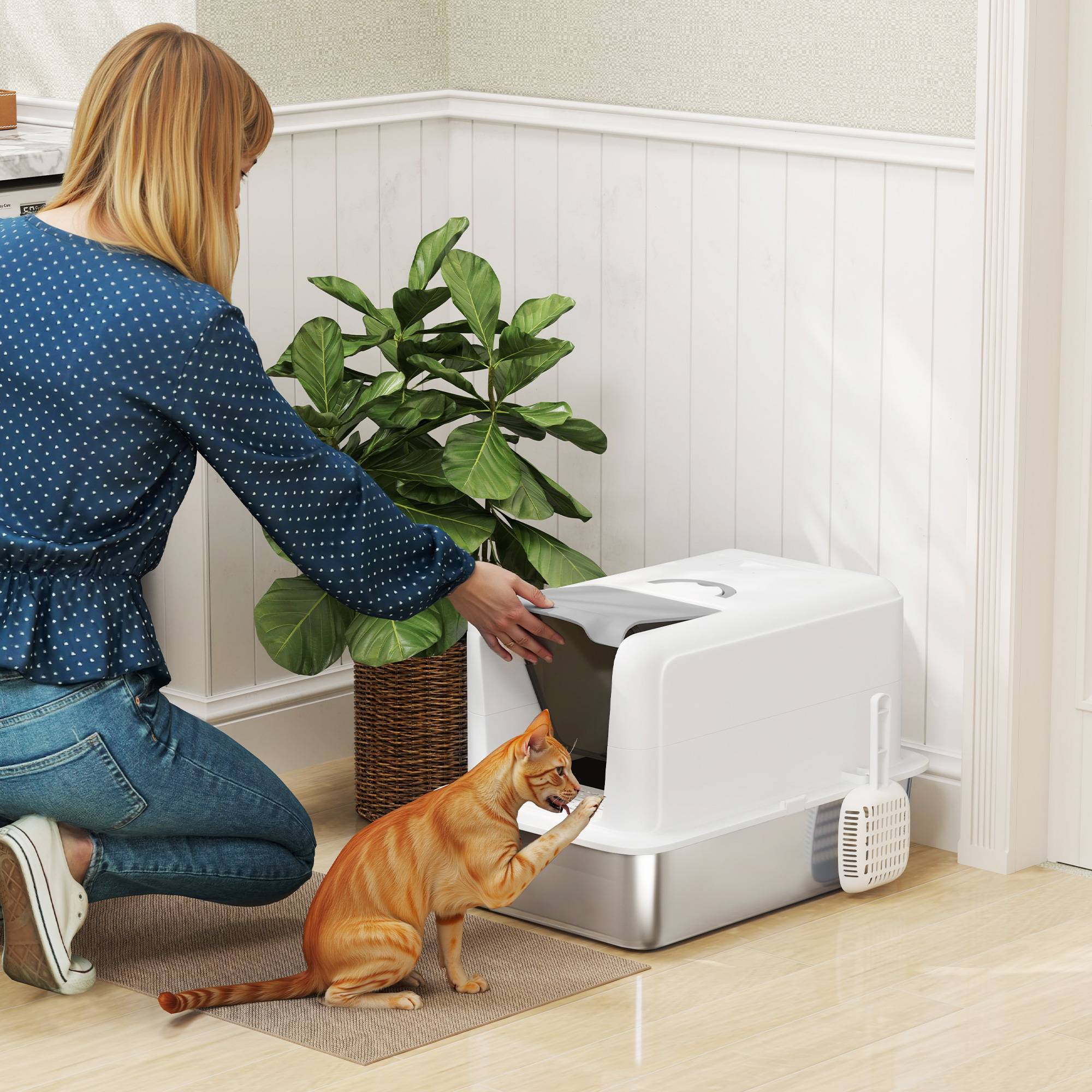 Sans Marque - Litière bac inox, filtre, pelle, pour chat -6kg, 40,5x60,5x41,5cm, Blanc/Argent - Image 3