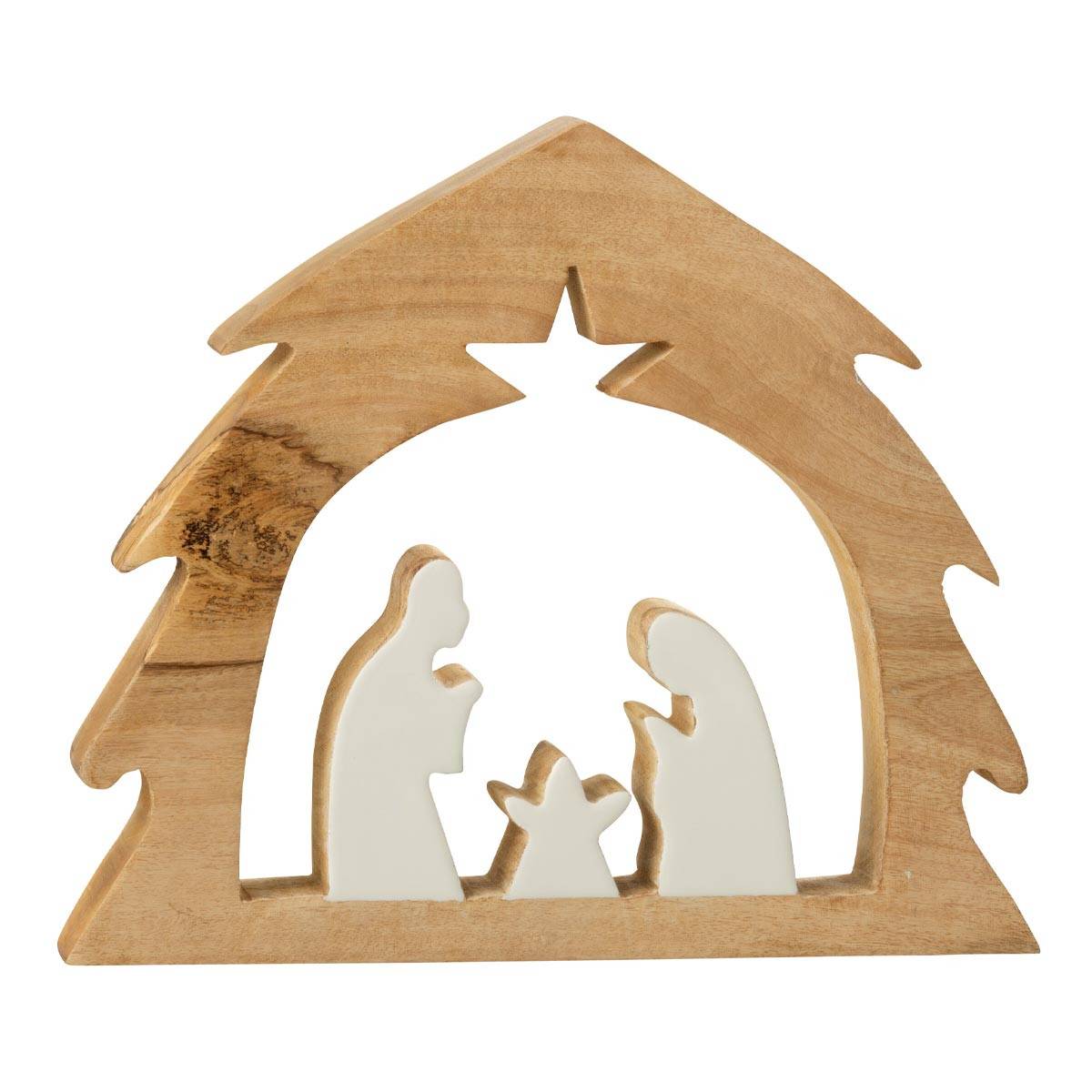 J-Line - Crèche Sapin en Bois "Ajourée" 37cm Blanc & Naturel