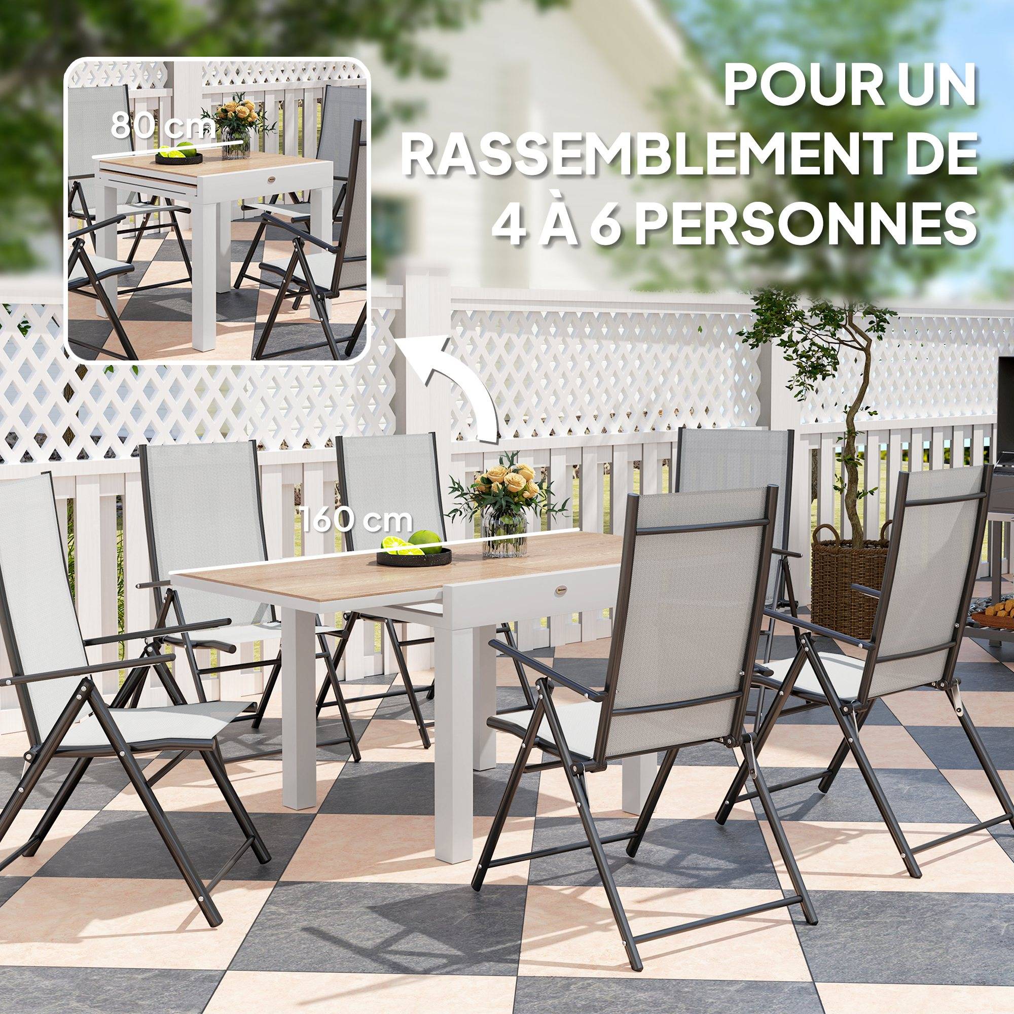 Table à manger de jardin extensible pour 6 personnes avec plateau rectangulaire, cadre en aluminium, 60x80x75cm - Image 6