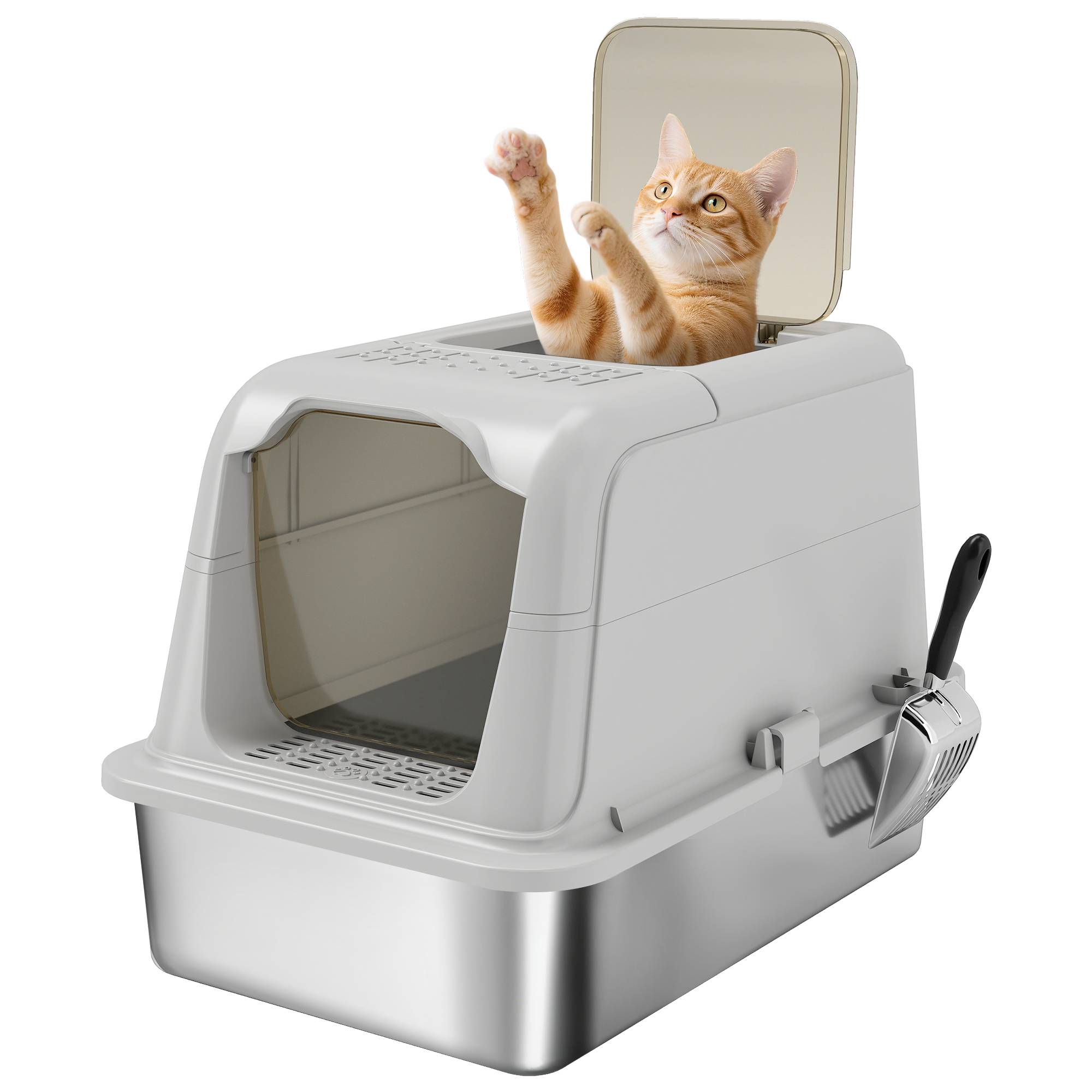 Sans Marque - Litière couvercle, pelle, entrée avant/sortie haute, inox, jusqu'à 8kg - Image 1