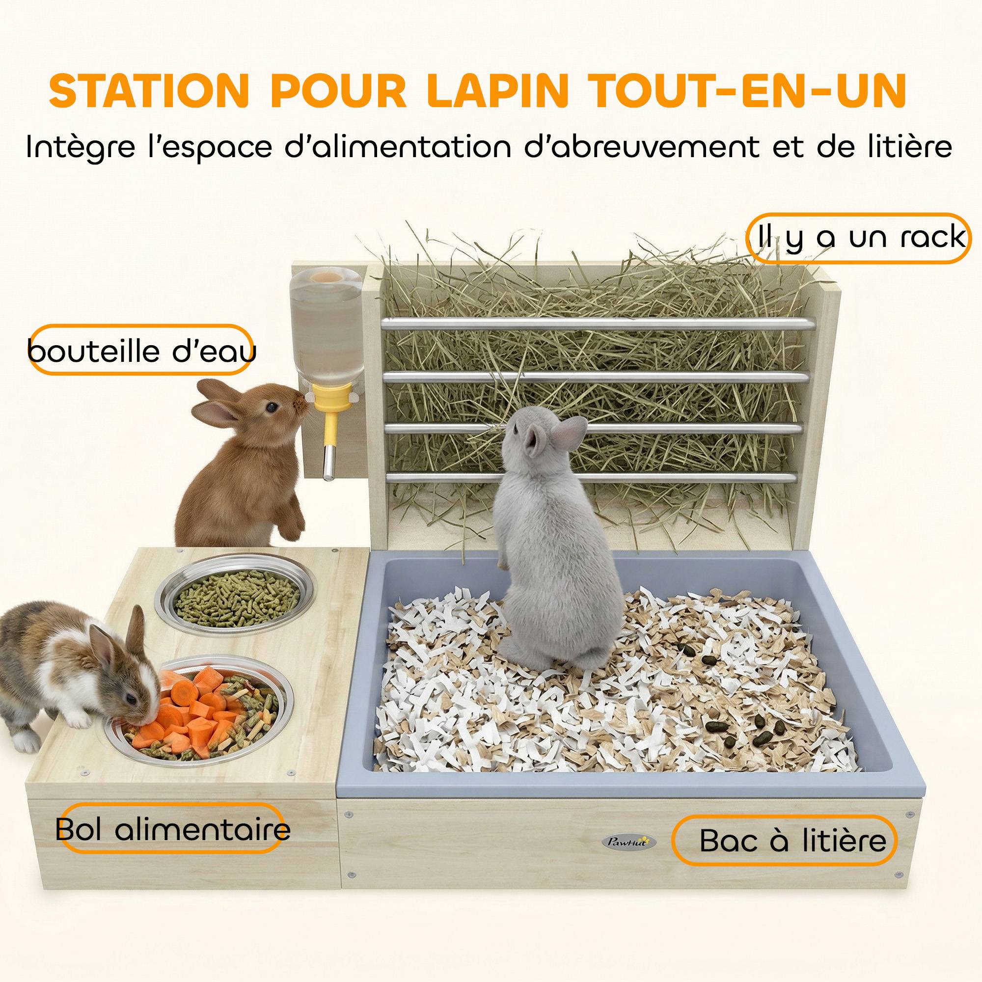 Râtelier à Foin en Bois pour Lapin Mangeoire Lapin 3 en 1 avec Bac à Litière et Bouteille d'Eau 58x40x32cm Bois Naturel - Image 6
