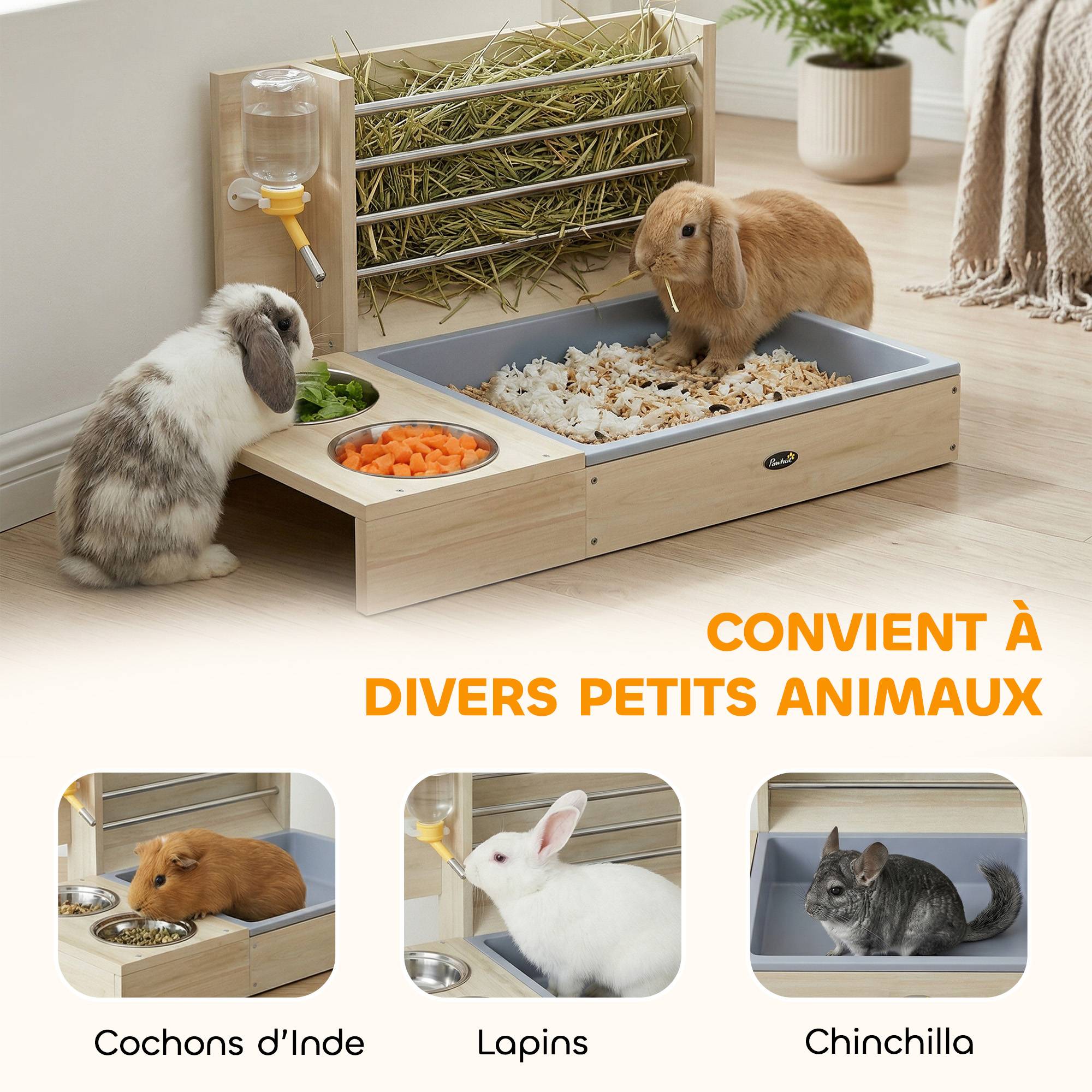 Râtelier à Foin en Bois pour Lapin Mangeoire Lapin 3 en 1 avec Bac à Litière et Bouteille d'Eau 58x40x32cm Bois Naturel - Image 9