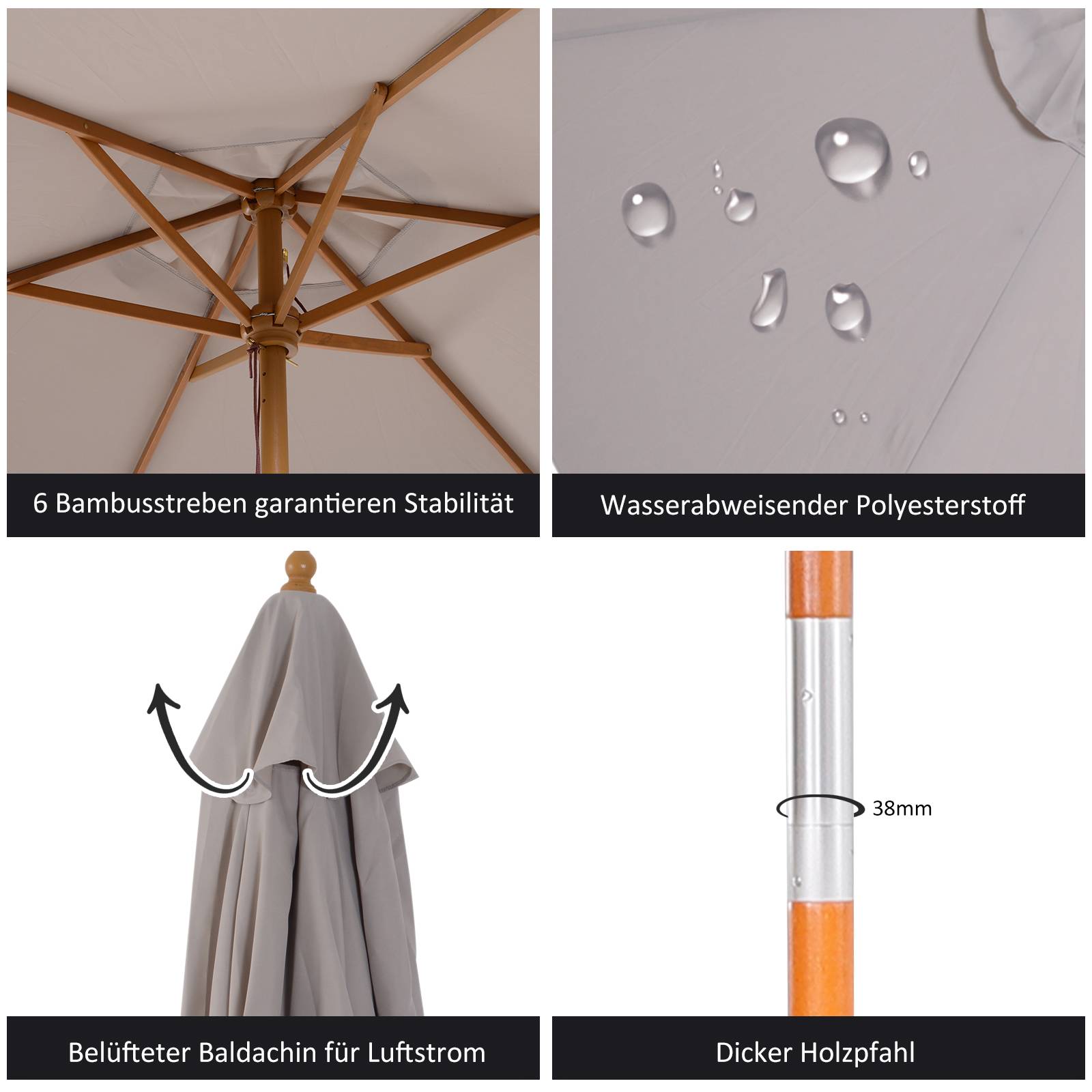 Parasol 3 niveaux Ø2,5 x 2,3 m gris polyester bambou 180g/m², protection solaire performante jardin - Image 4