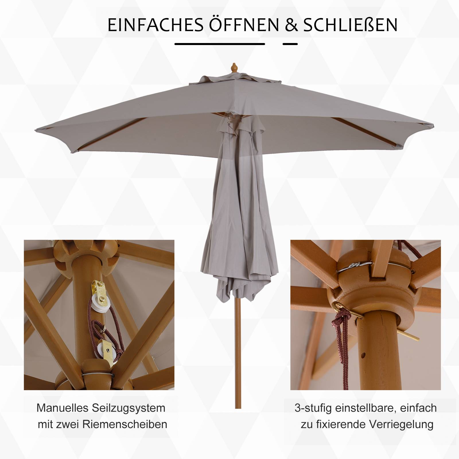 Parasol 3 niveaux Ø2,5 x 2,3 m gris polyester bambou 180g/m², protection solaire performante jardin - Image 5