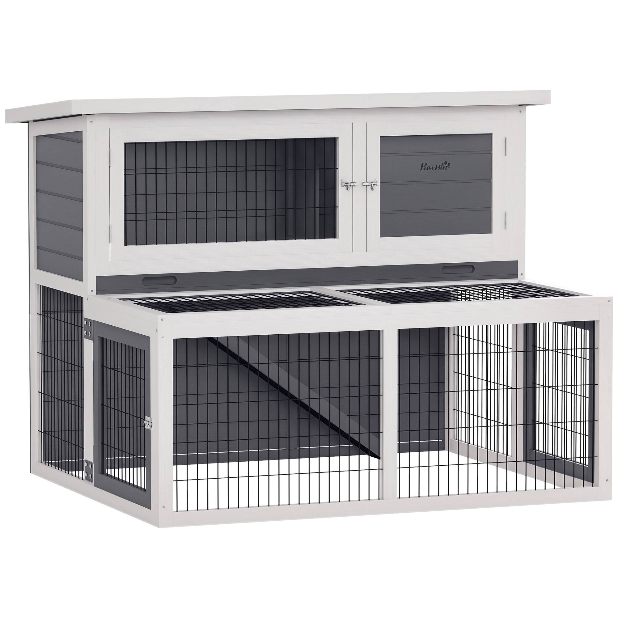 Cage lapins 2 niveaux, toit ouvrant, bois massif, hiver, duplex, 122 x 95 x 93,5 cm, gris - Image 1