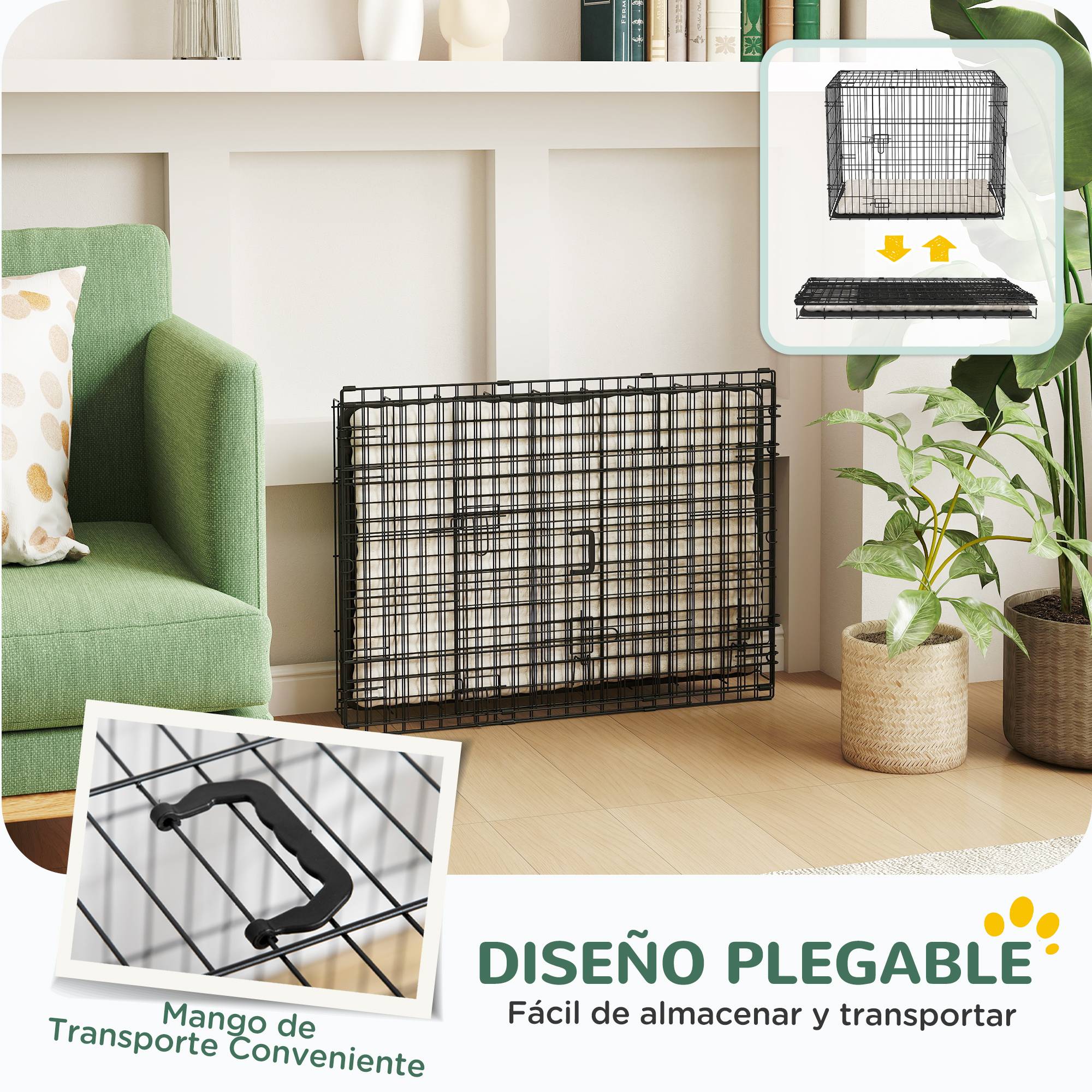 Cage pour chien pliable, coussin, portes, bac amovible, cadre métallique, 75x48,5x53 cm, noir beige - Image 9