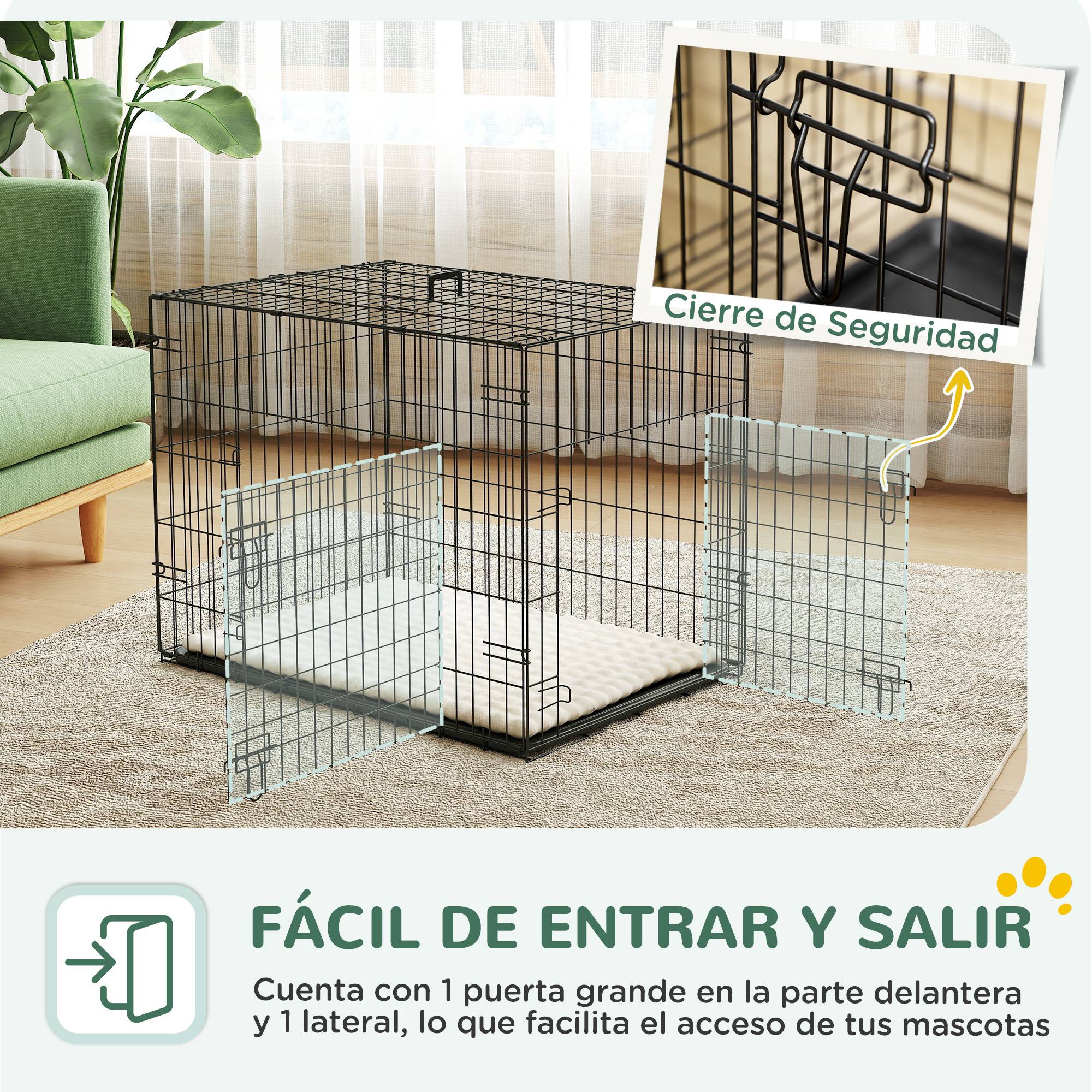 Cage pour chien pliable, coussin, portes, bac amovible, cadre métallique, 75x48,5x53 cm, noir beige - Image 7