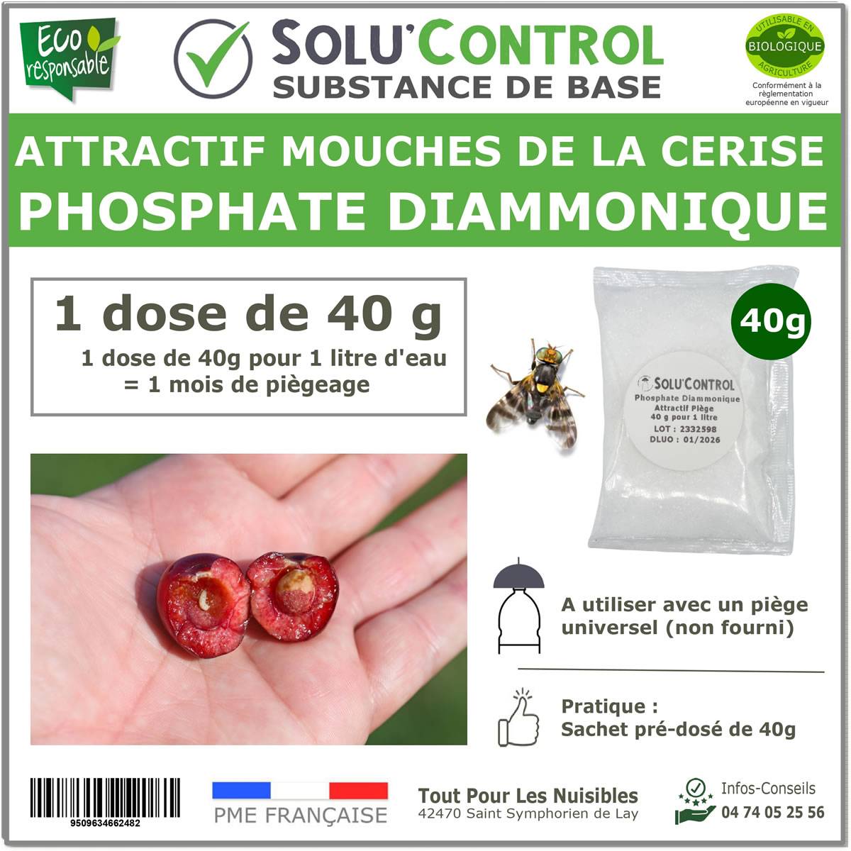 SOLU'CONTROL - Phosphate Diammonique, appât naturel contre les mouches de la cerise - Sachet de 40g