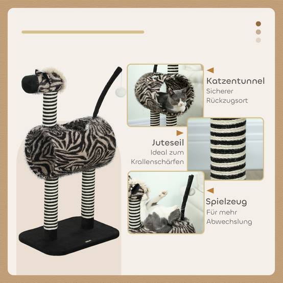 Arbre à Chat Design Zèbre Tunnel Griffoir Jute Jeu Repos 93cm Noir Blanc - ComfortXL Pet Living - Image 5