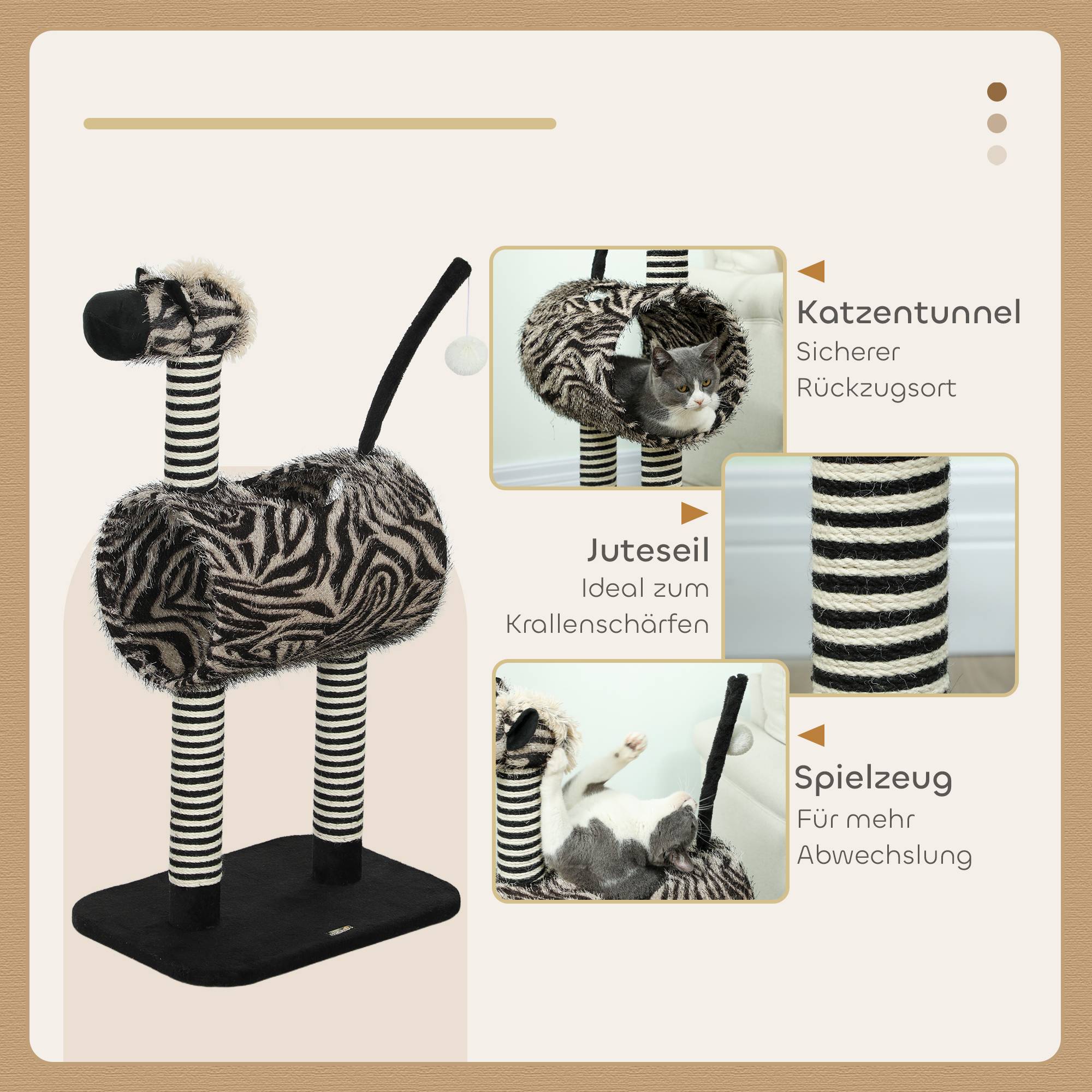 Arbre à Chat Design Zèbre Tunnel Griffoir Jute Jeu Repos 93cm Noir Blanc - ComfortXL Pet Living - Image 5