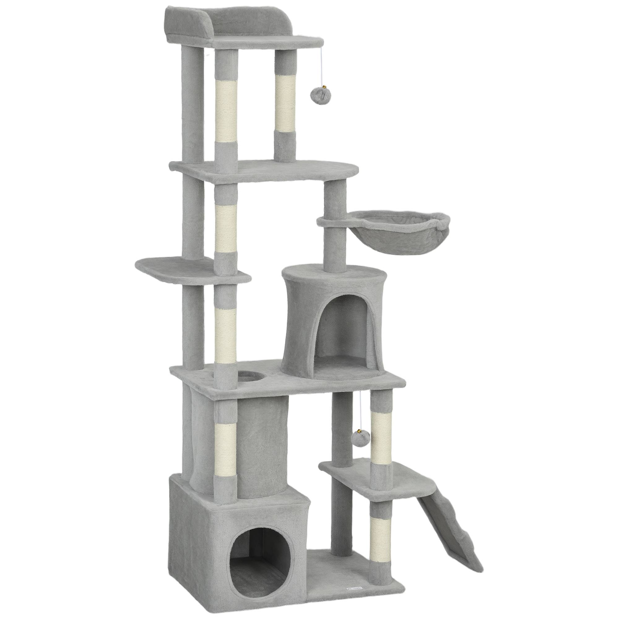 arbre à chat XXL 7 poteaux sisal 3 plateformes 2 niches tunnel hamac pompons 170 cm gris foncé chat intérieur - Image 2