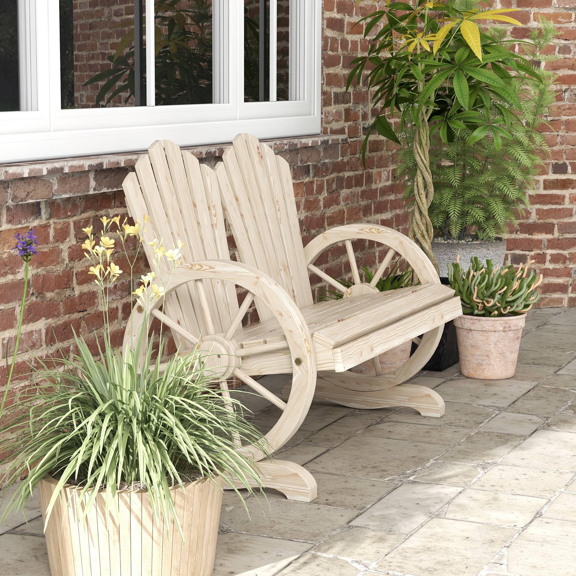 Banc de jardin, motif roue de chariot, pour 2 personnes, en bois naturel - Image 10
