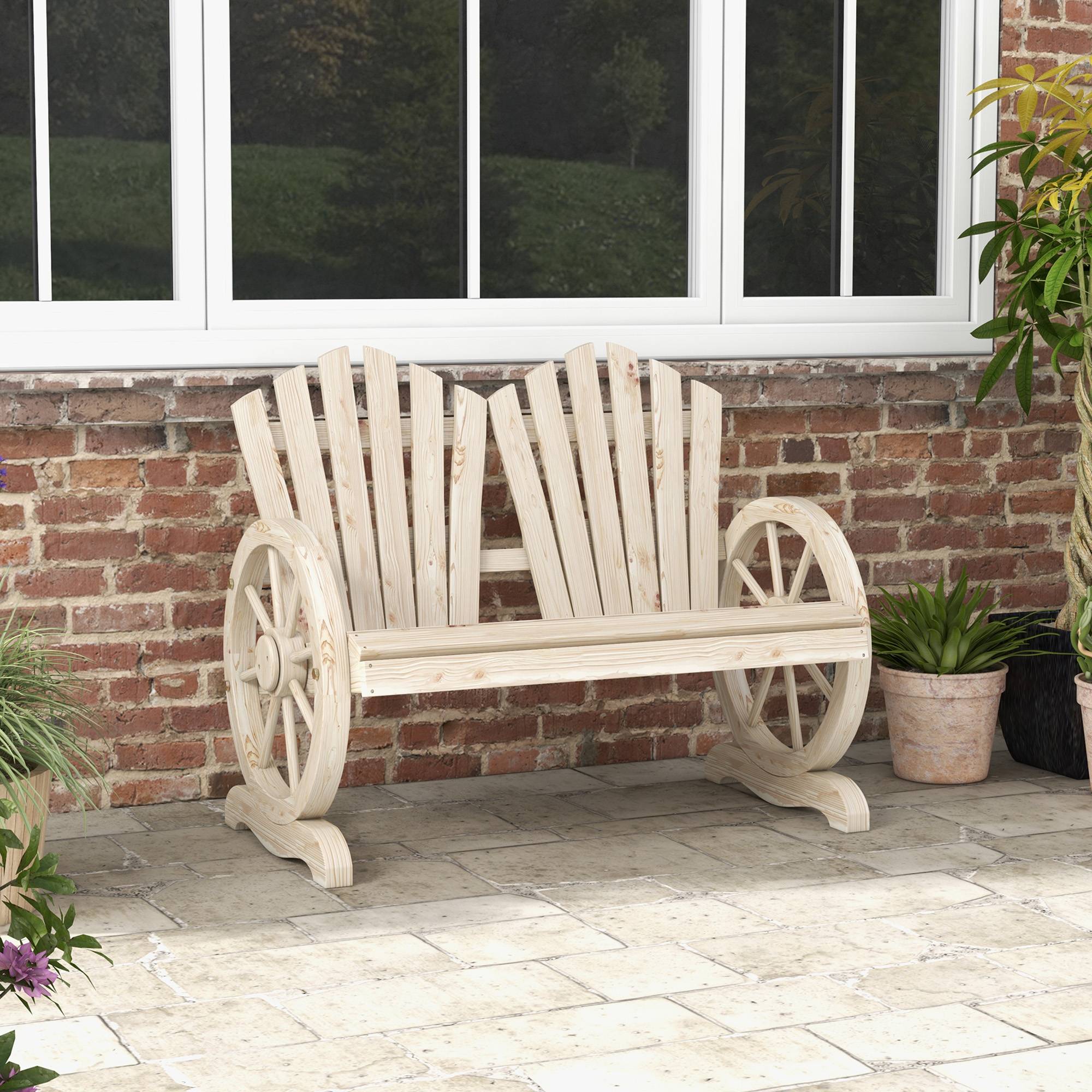 Banc de jardin, motif roue de chariot, pour 2 personnes, en bois naturel - Image 4