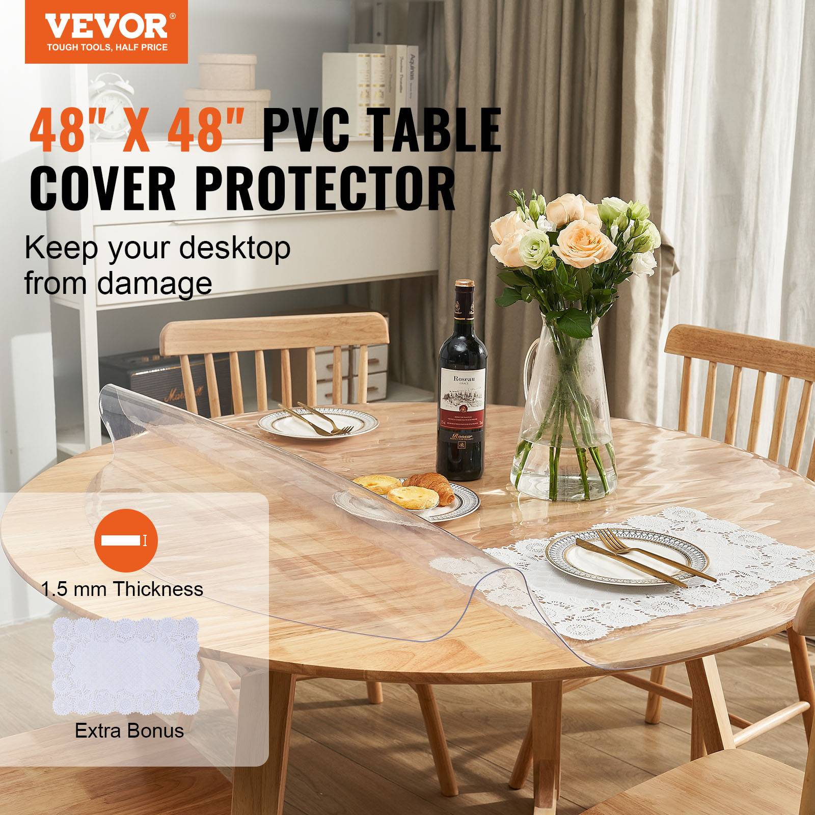 Vevor - VEVOR Nappe Ronde Transparente Film de Table en PVC 123 cm Protection de Table - Image 2