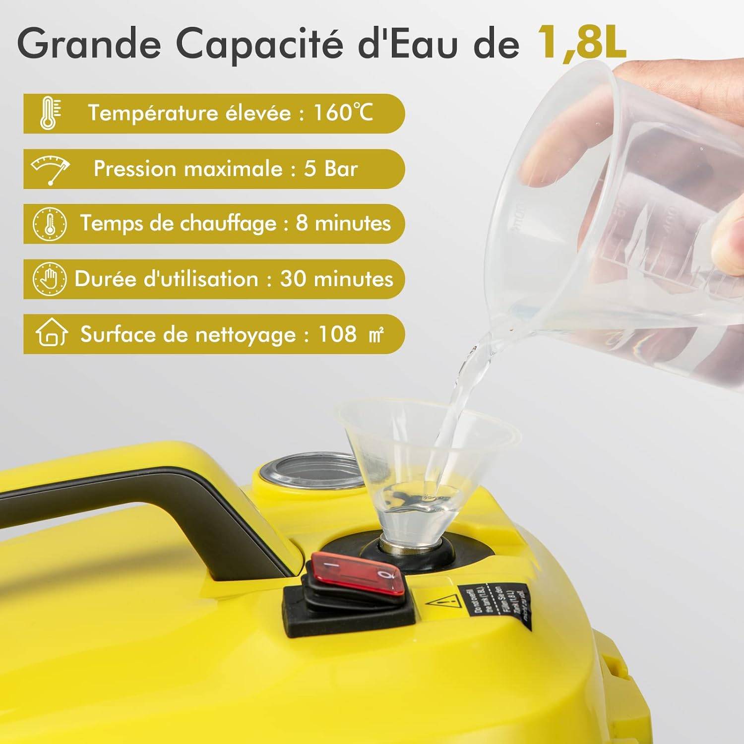Nettoyeur Vapeur Polyvalent de 2000W avec 13 Accessoires et Manomètres, Balai Vapeur à Roulettes 5 Bars avec Réservoir de 1,8 L, Jaune - Image 3