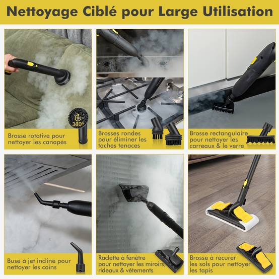 Nettoyeur Vapeur Polyvalent de 2000W avec 13 Accessoires et Manomètres, Balai Vapeur à Roulettes 5 Bars avec Réservoir de 1,8 L, Jaune - Image 4