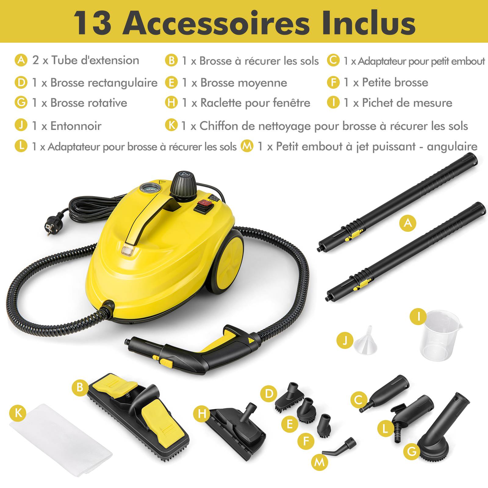Nettoyeur Vapeur Polyvalent de 2000W avec 13 Accessoires et Manomètres, Balai Vapeur à Roulettes 5 Bars avec Réservoir de 1,8 L, Jaune - Image 5