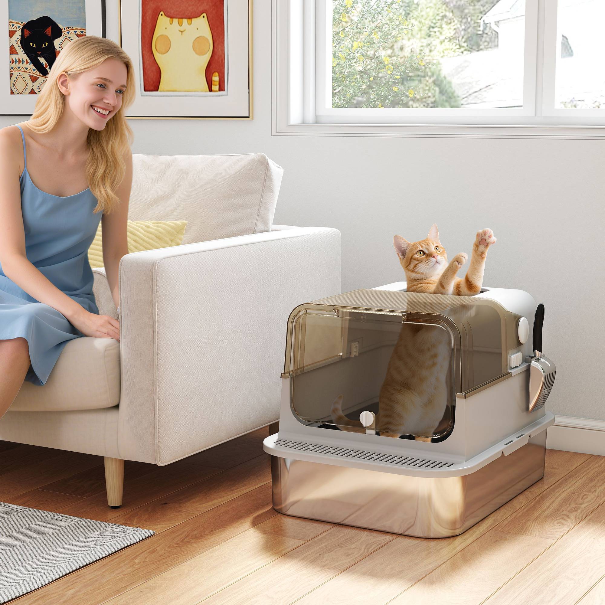 Bac à litière chat inox XXL avec couvercle, bords hauts et pelle - Image 4