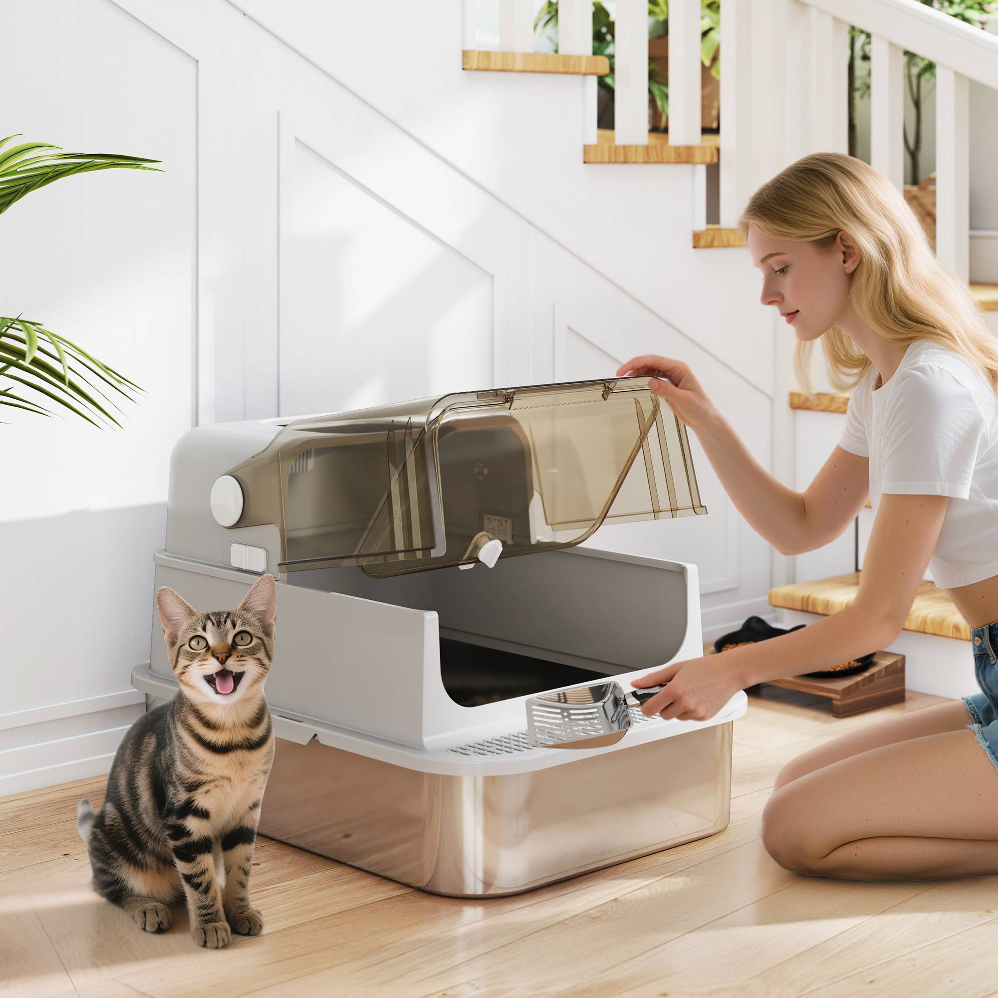 Bac à litière chat inox XXL avec couvercle, bords hauts et pelle - Image 3