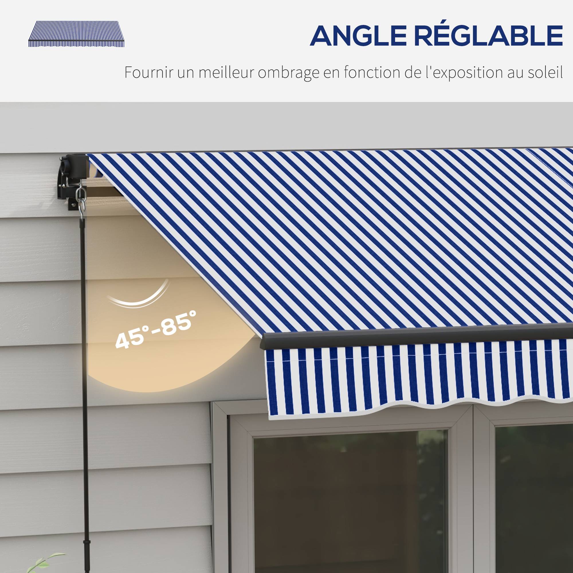 Store banne manuel rétractable store pour balcon inclinaison réglable manivelle cadre en aluminium polyester bleu blanc - Image 7