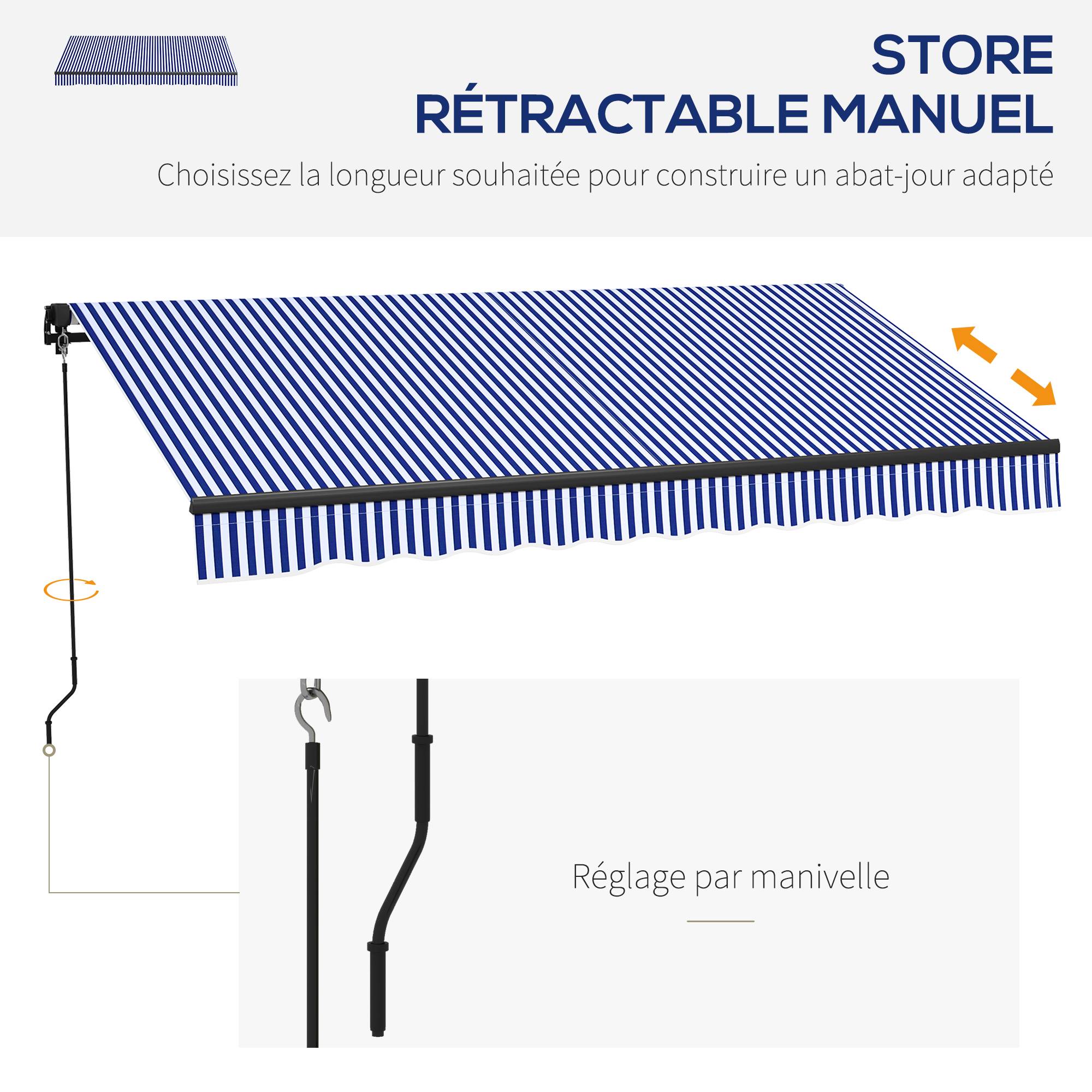 Store banne manuel rétractable store pour balcon inclinaison réglable manivelle cadre en aluminium polyester bleu blanc - Image 6
