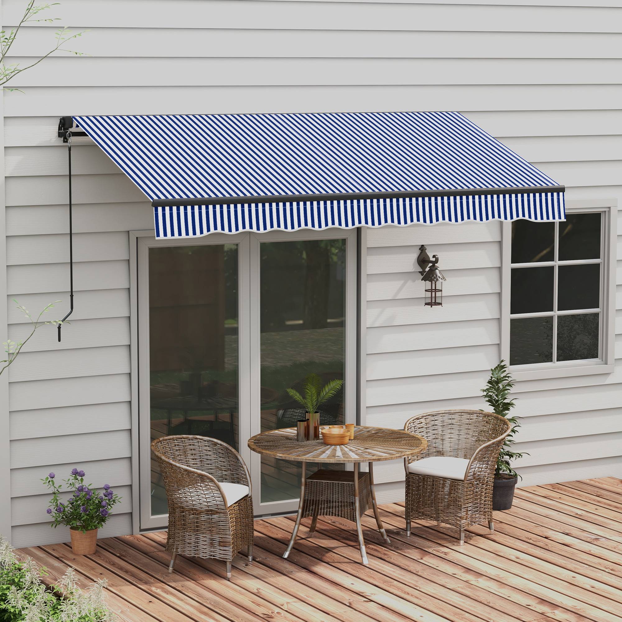 Store banne manuel rétractable store pour balcon inclinaison réglable manivelle cadre en aluminium polyester bleu blanc - Image 4