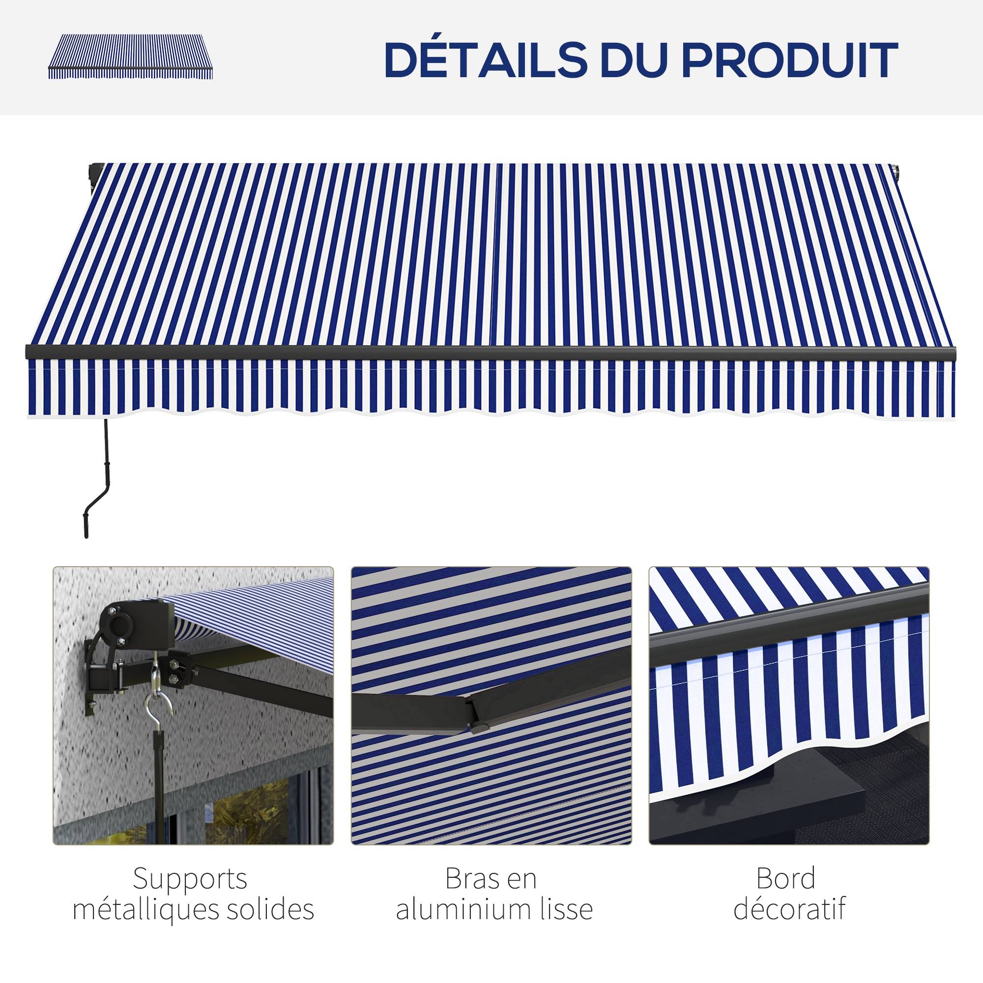 Store banne manuel rétractable store pour balcon inclinaison réglable manivelle cadre en aluminium polyester bleu blanc - Image 10