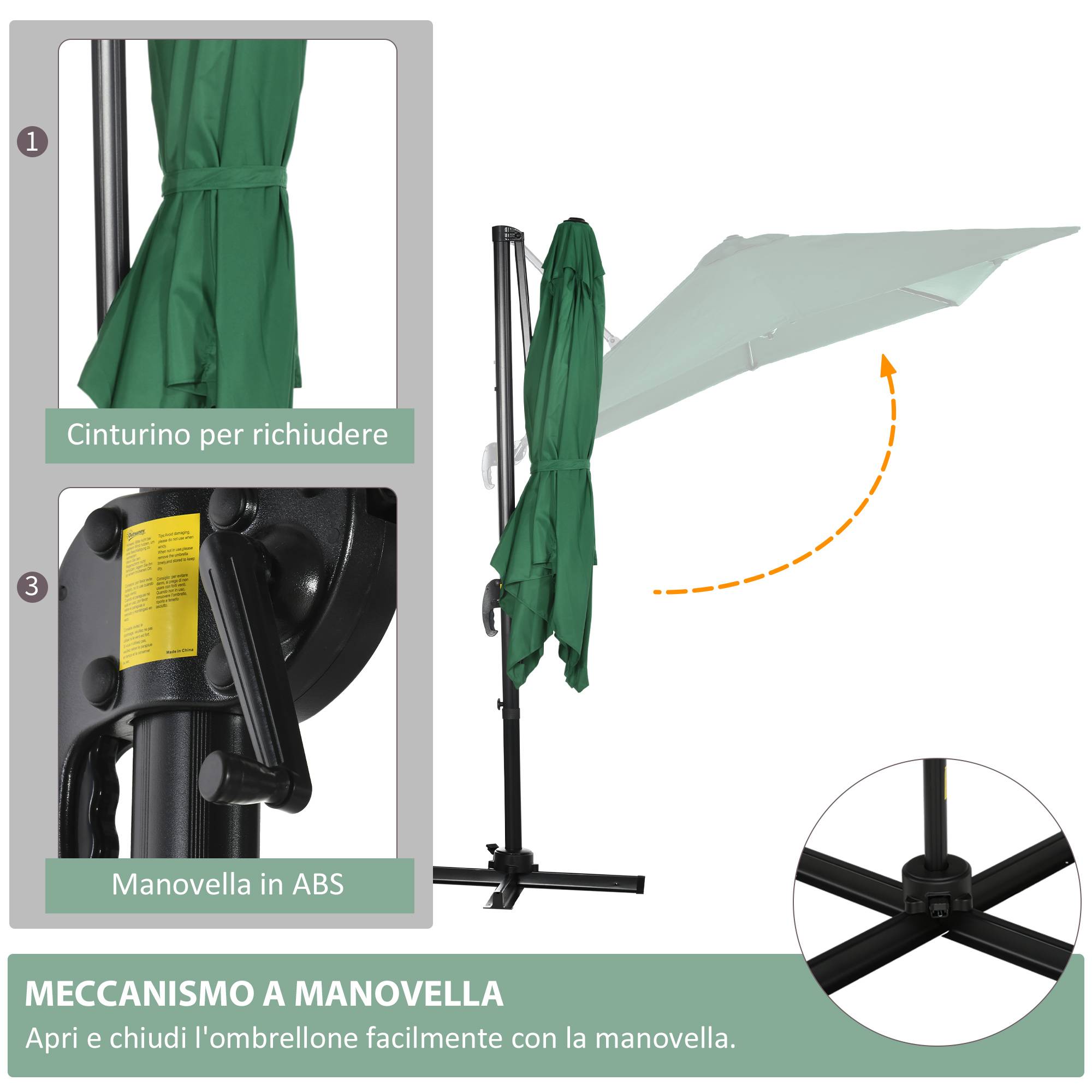 Parasol de jardin à manivelle 2,5 x 2,5 m avec rotation à 360° et abat-jour réglable, vert - Image 8