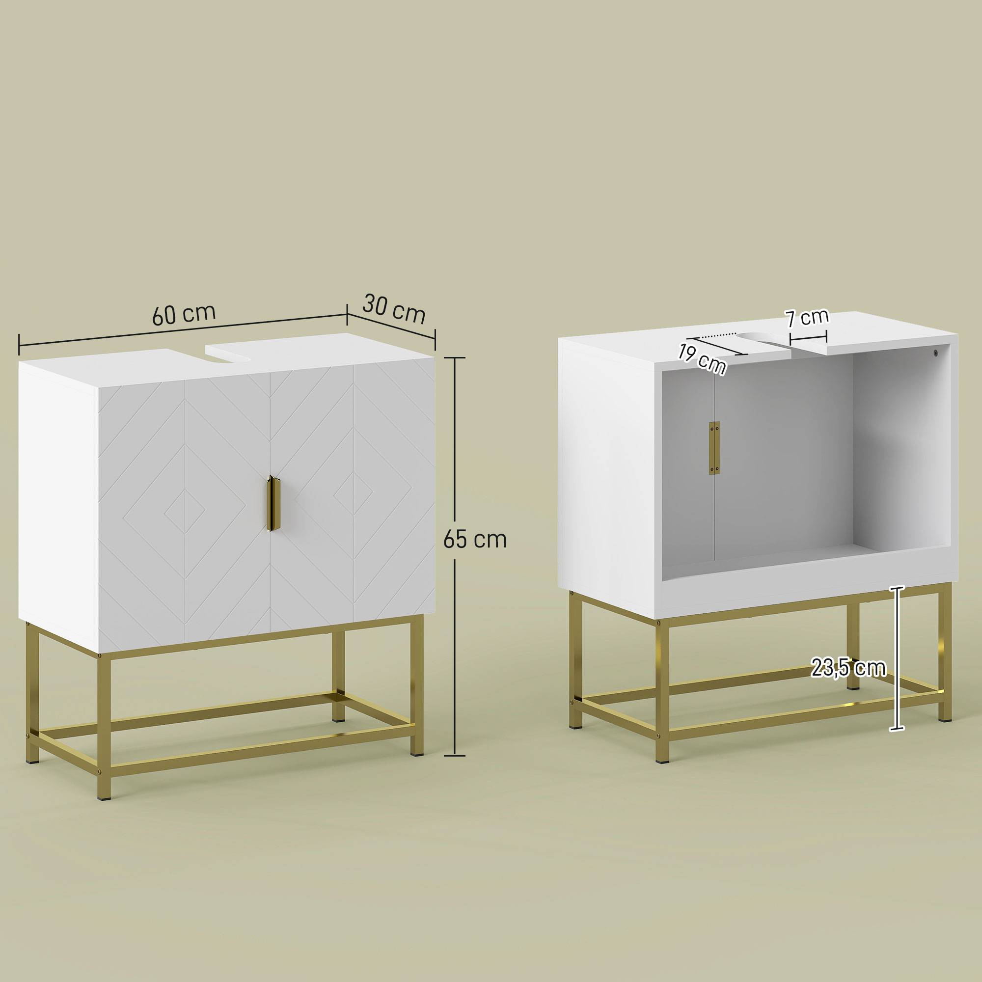 Sans Marque - Meuble sous lavabo meuble salle bain placard double porte pieds acier doré 60x30x65 cm blanc - Image 5