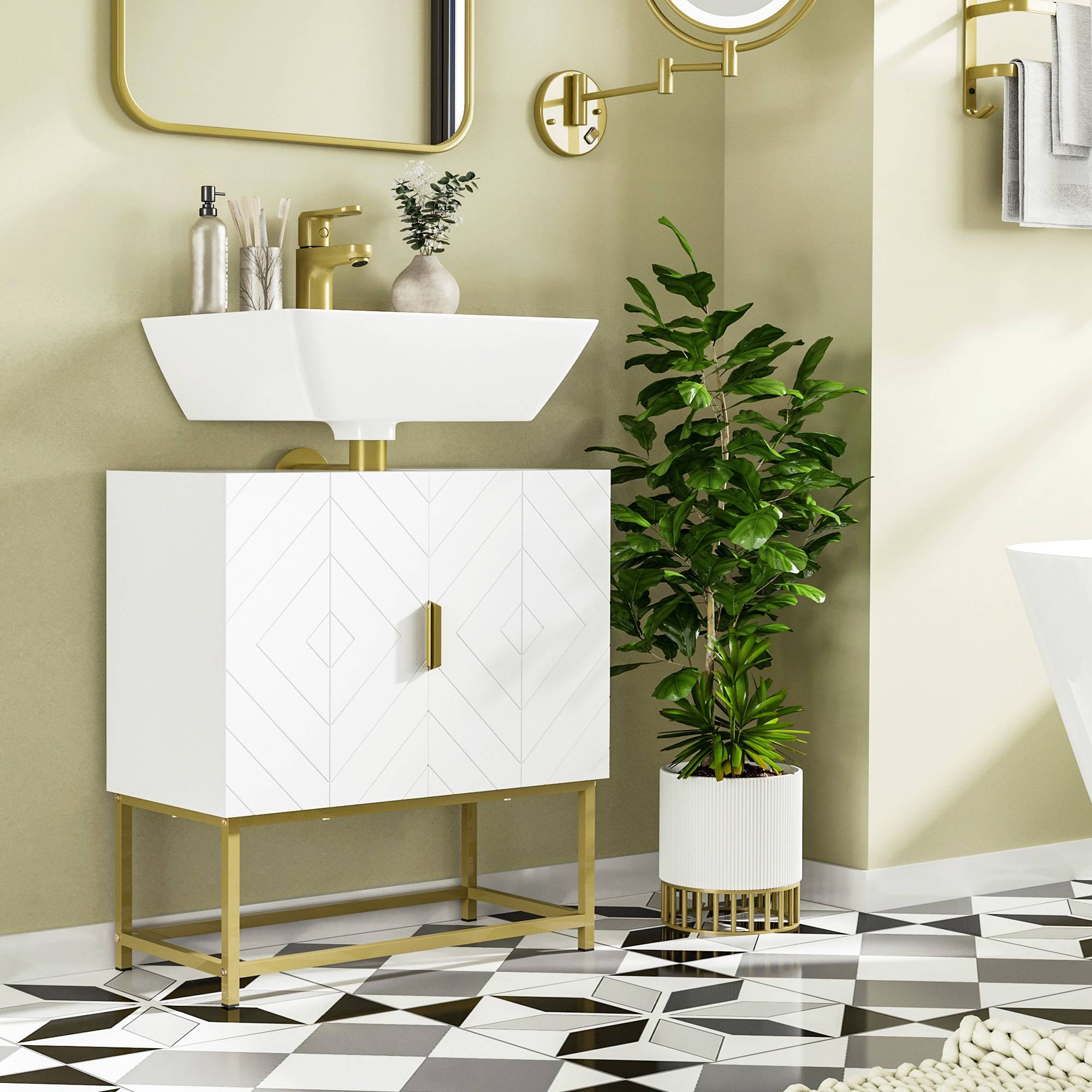 Sans Marque - Meuble sous lavabo meuble salle bain placard double porte pieds acier doré 60x30x65 cm blanc - Image 4